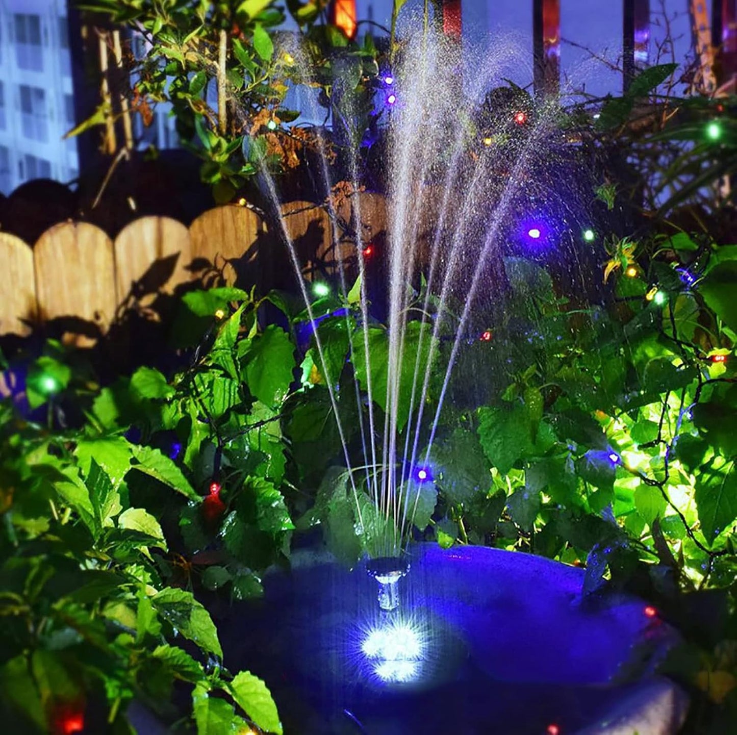 Garden Solar Fountain Pump 2.4W Bird Bath Floating Fountain Free Standing Solar Pond Pump with LED Lights and 4 Nozzles Solar Water Fountain Kit for Pond Pool Outdoor Garden-2.4w 18cm(7inch)