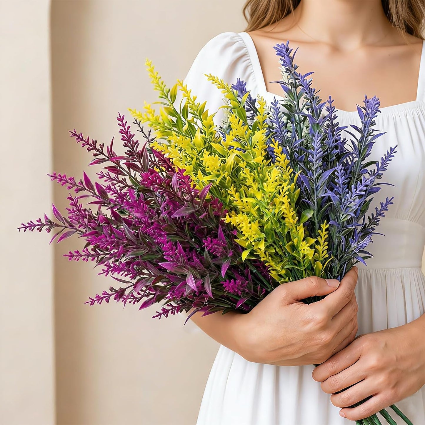 Artificial Flowers Outdoor, Artificial Plants Outdoor for Spring Summer, Lavender Artificial Flowers, for Garden, Porch, Patio, Window Box, Wedding (8, Purple, Fuchsia, White, Yellow)