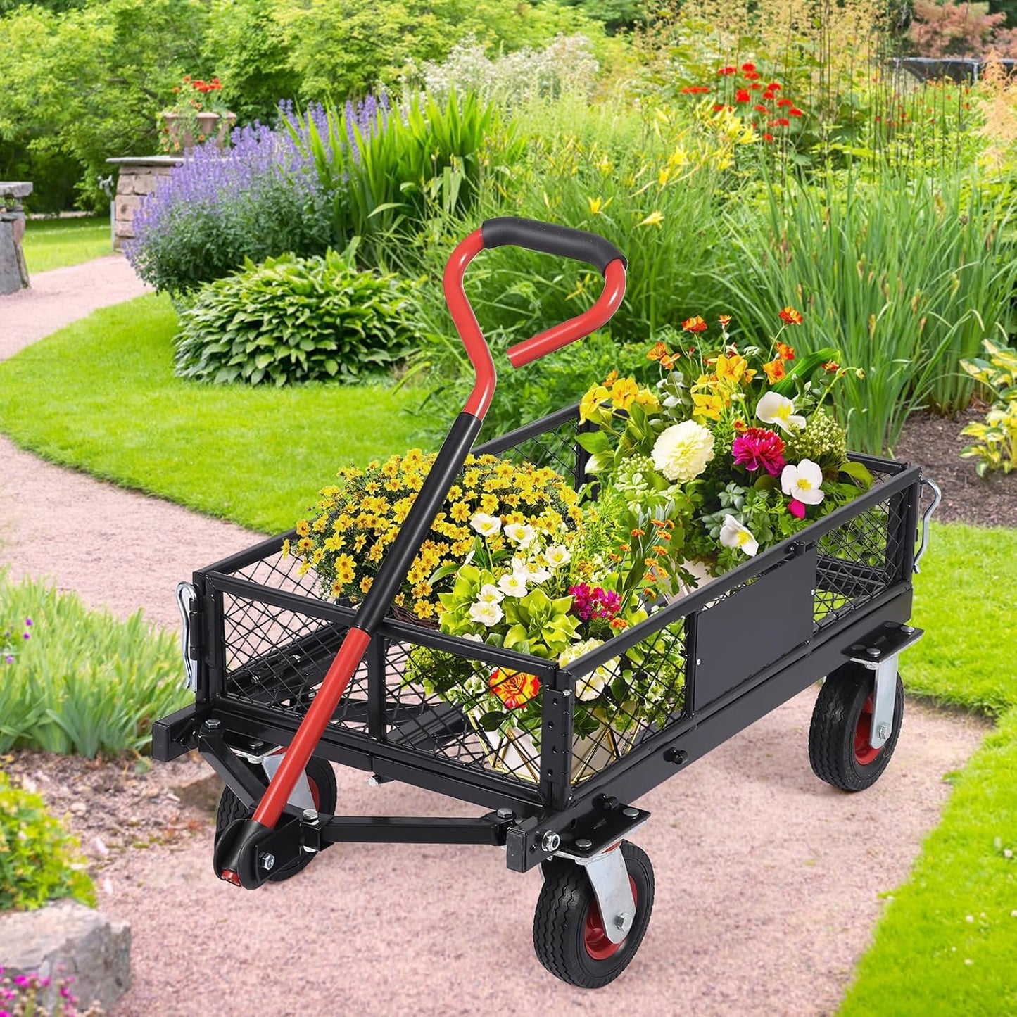 360 Lbs Steel Garden Folding Wagon Cart Heavy Duty with 180° Rotating 