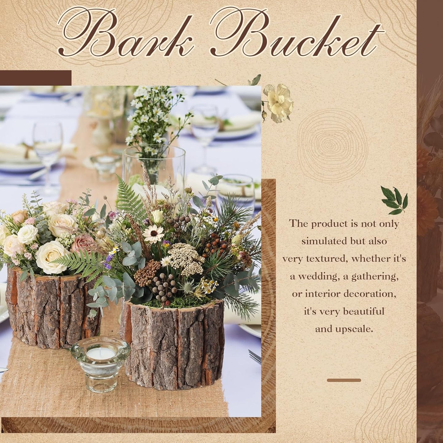 4 Set Wooden Vase for Centerpieces Wedding Flower Table Centerpieces Decor Rustic Bark Stump Bucket Farmhouse Wood Planter Pot for Woodland Party Window Home (Fake Green Moss,Large)