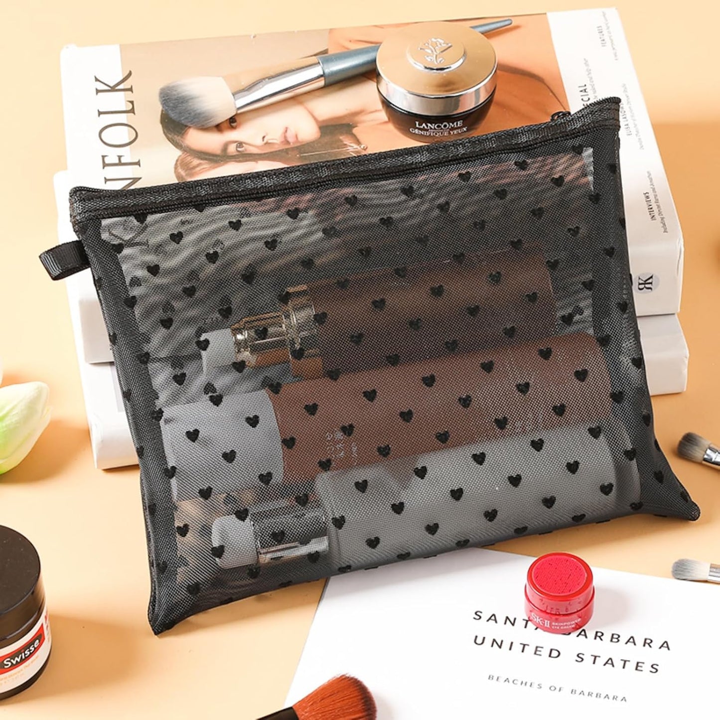 4-Piece Heart Printed Mesh Makeup Bag Set, Portable Travel Mesh Cosmet