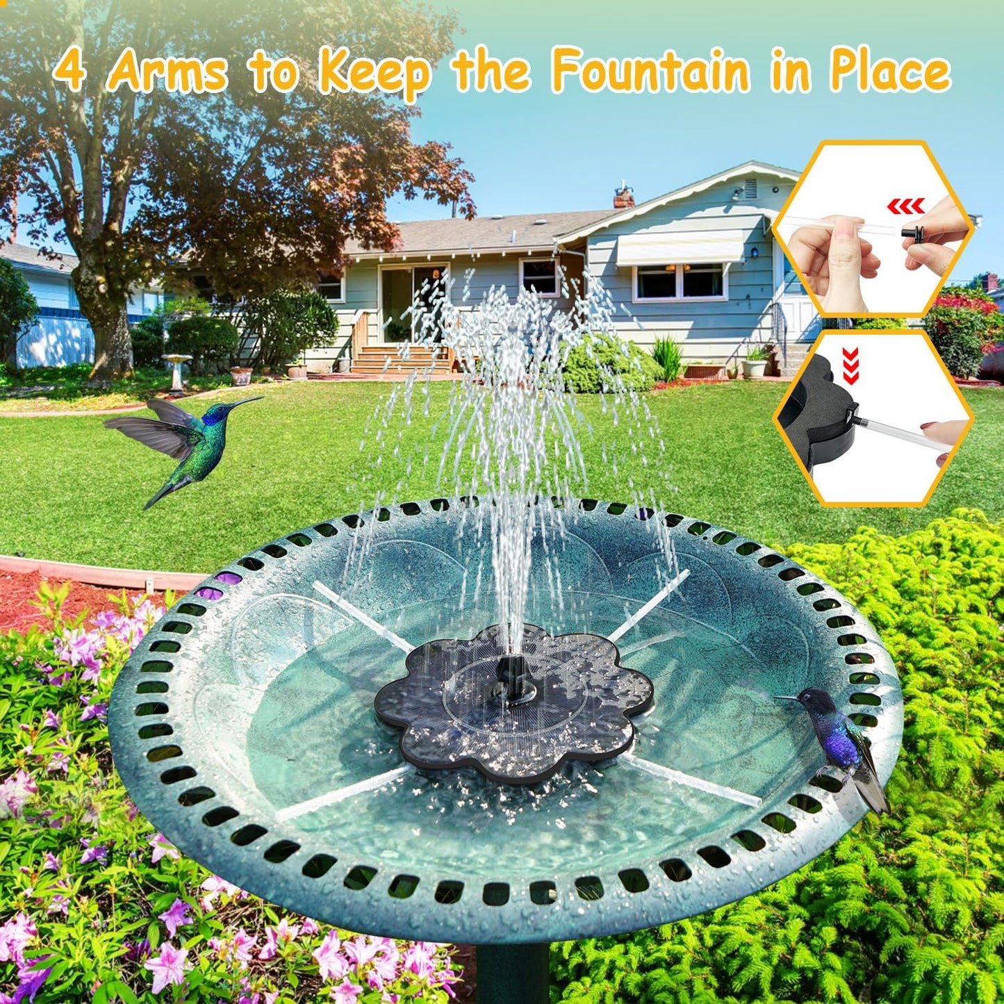 3.5W Solar Fountain with 2000mAh Battery - Work On Cloudy Day- Upgrade Lucky Flower Glass Panel Solar Bird Bath Fountains, Hummingbird Water Fountain Pumps for Birdbath, Pool, and Pond