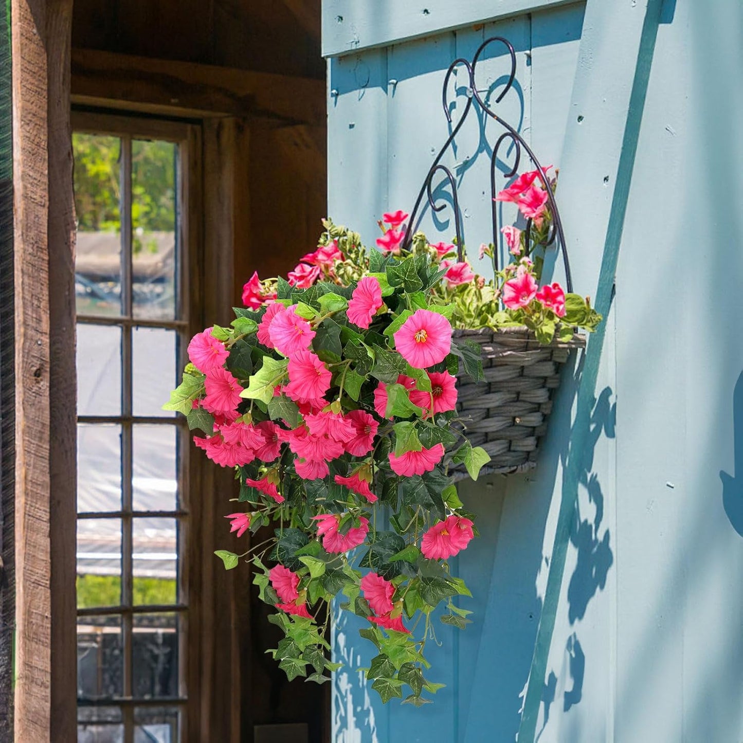 RECUTMS 2 Pcs Artificial Silk Fake Hanging Flowers for Outdoors, 18In UV Resistant Faux Petunias Trailing Plants Realistic Flower Look Real for Door Wall Yard Porch Garden Planter (Rose Red)