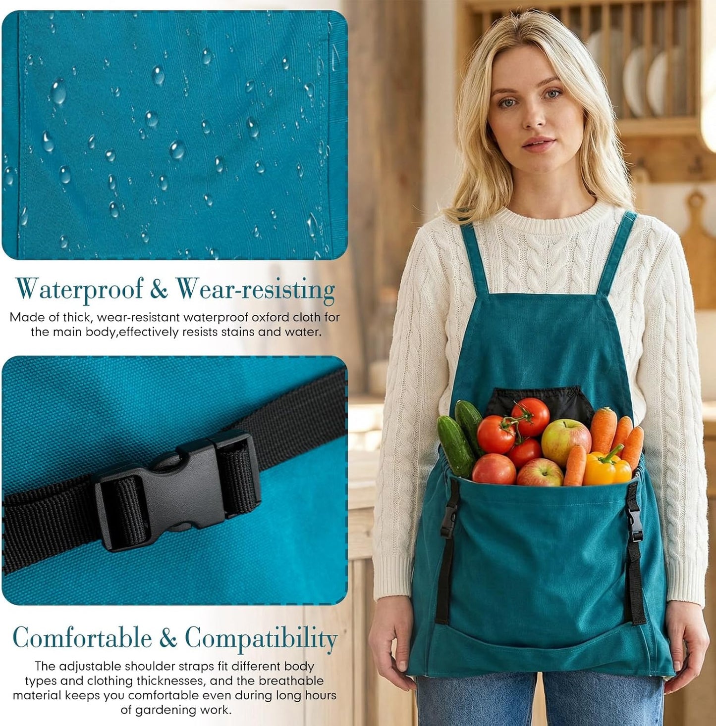 Cuffbow 2 Pack Harvest Gardening Aprons with Pockets for Women & Men Garden Picking Apron with Fast-release Buckle for Fruit Picking & Harvesting Gardening Tool Gifts for Mom Dad(fuchsia & turquoise)