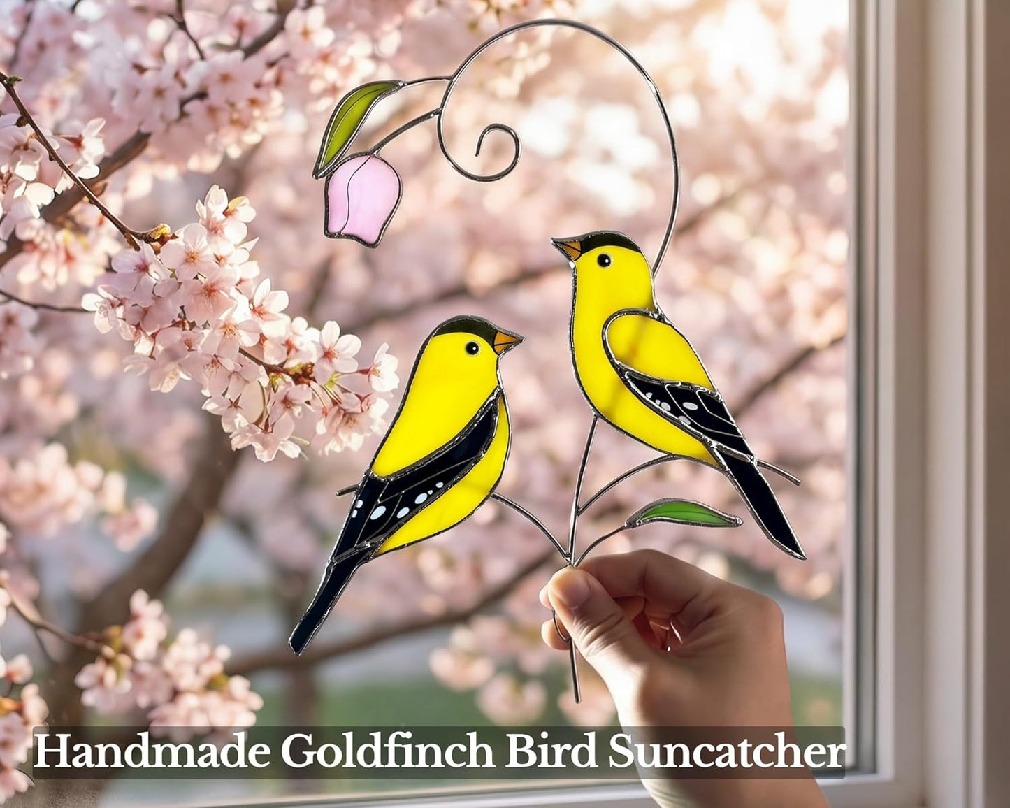Goldfinch (1 Pair) Stained Glass Birds Suncatcher for Mom, Grandma, Women - Real Glass Window Hanging Ornament - Handmade Bird Lover Home Decor (Gifts Ready Packaging)