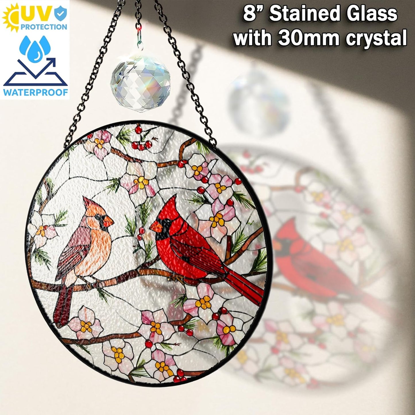 7.8" Cardinal Stained Glass Suncatcher Cardinal Bird Suncatcher Crystal Window Hanging Sun Catcher Red Birds for Window Cardinals Gifts for Women Mom Gift for Mothers Day Bird Decor Memorial Gift