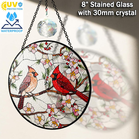 7.8" Cardinal Stained Glass Suncatcher Cardinal Bird Suncatcher Crystal Window Hanging Sun Catcher Red Birds for Window Cardinals Gifts for Women Mom Gift for Mothers Day Bird Decor Memorial Gift