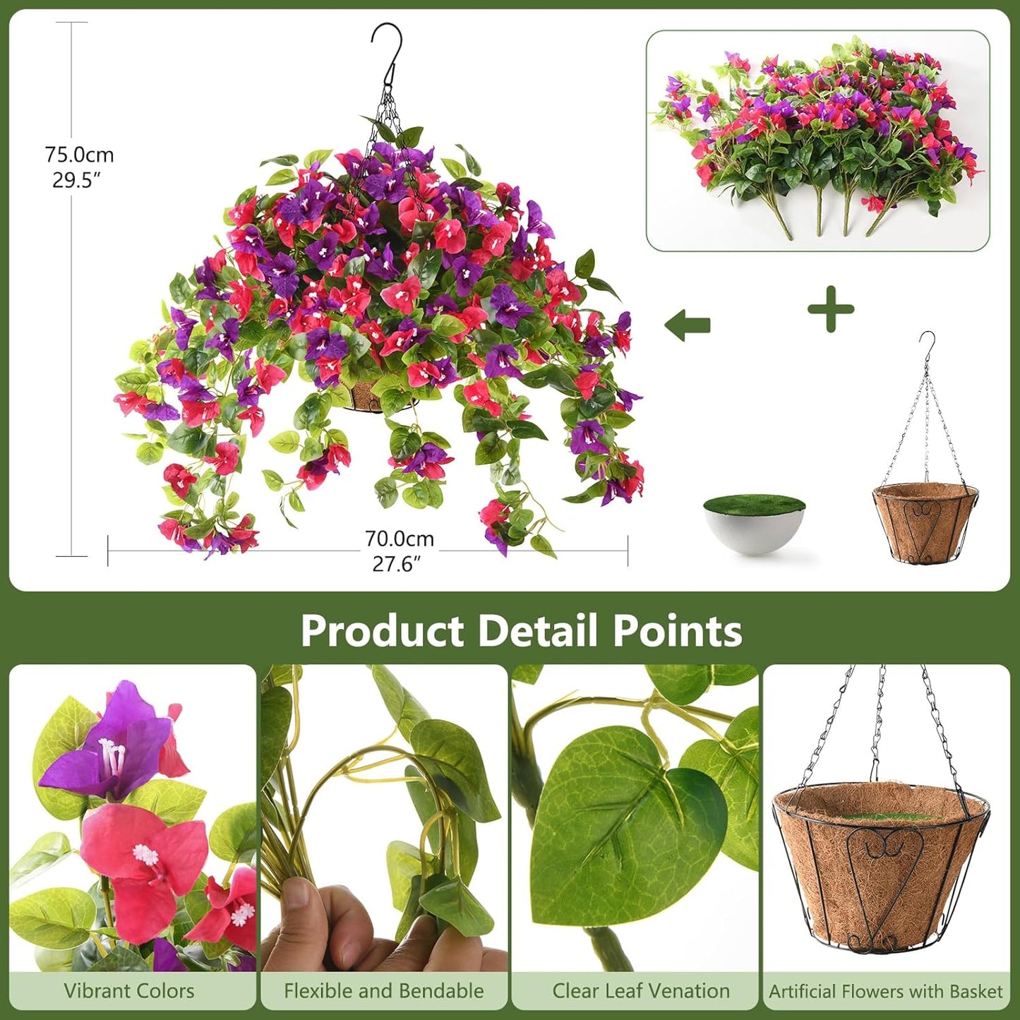 Homsunny Artificial Fake Hanging Flowers Plants Basket for Outdoor Decoration, Faux Silk Flower Bougainvillea Planter Look Real UV Resistant for Home Porch Patio Balcony Yard Spring Decor(Mix Pulple)