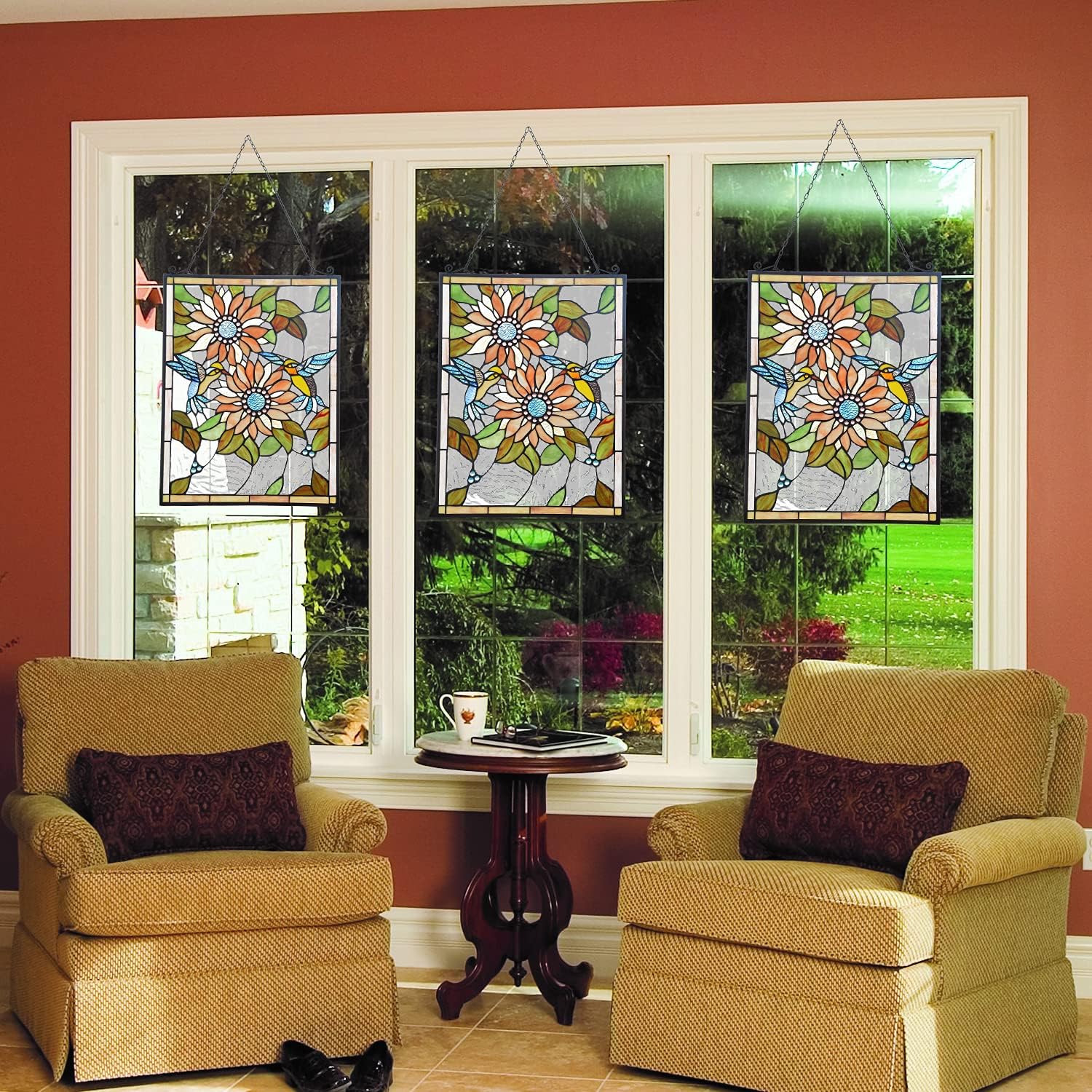 Capulina Stained Glass Window Hangings Panels Sunflower Humming Bird R
