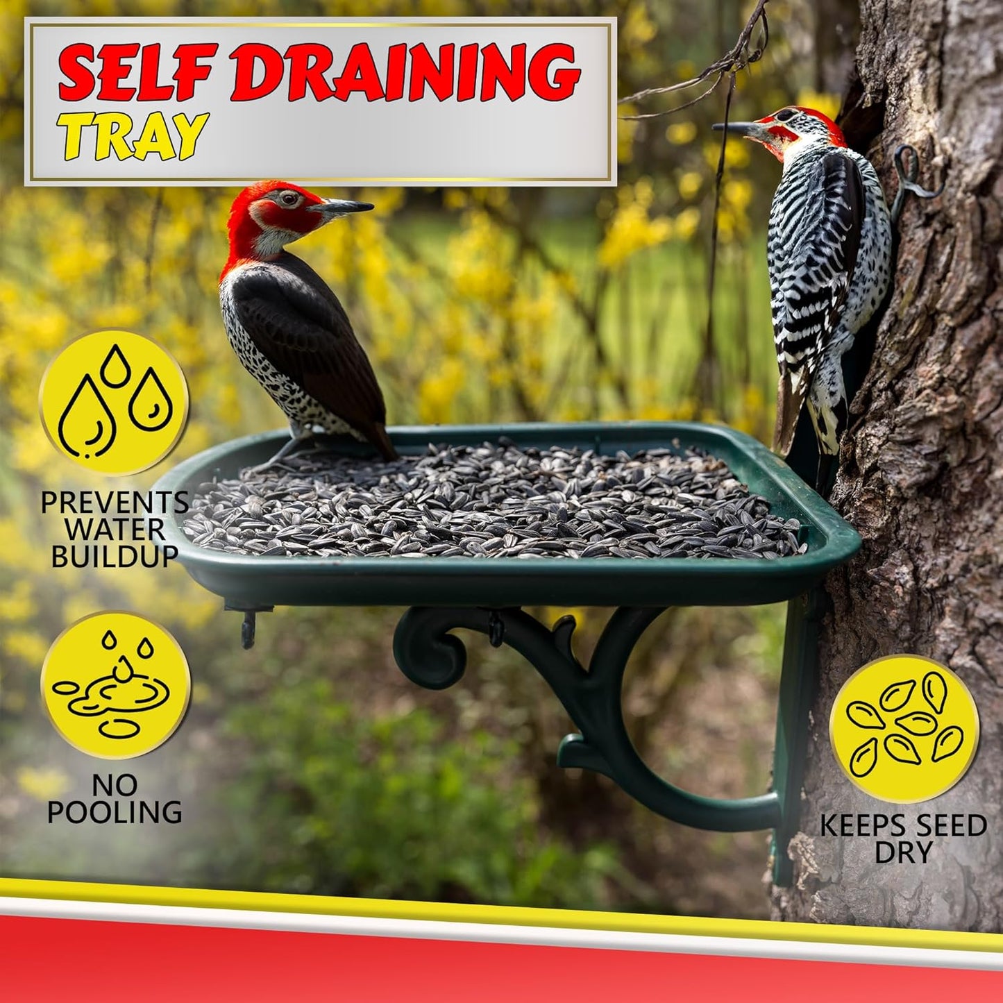 Outdoors Bird Feeder - Tray for Wild Birds and Squirrels for Outside - Cardinal, Finch, Thistle Bird, Woodpecker, Bluebird and More - Outdoor Feeding Station for Garden and Yard - Heavy Duty Platform