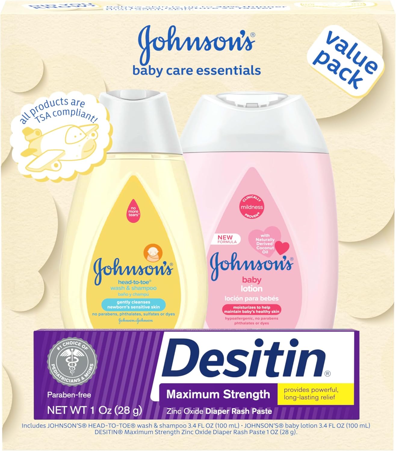 Johnson's Baby Care Essentials Gift Set, Body Lotion, & Zinc Oxide Dia