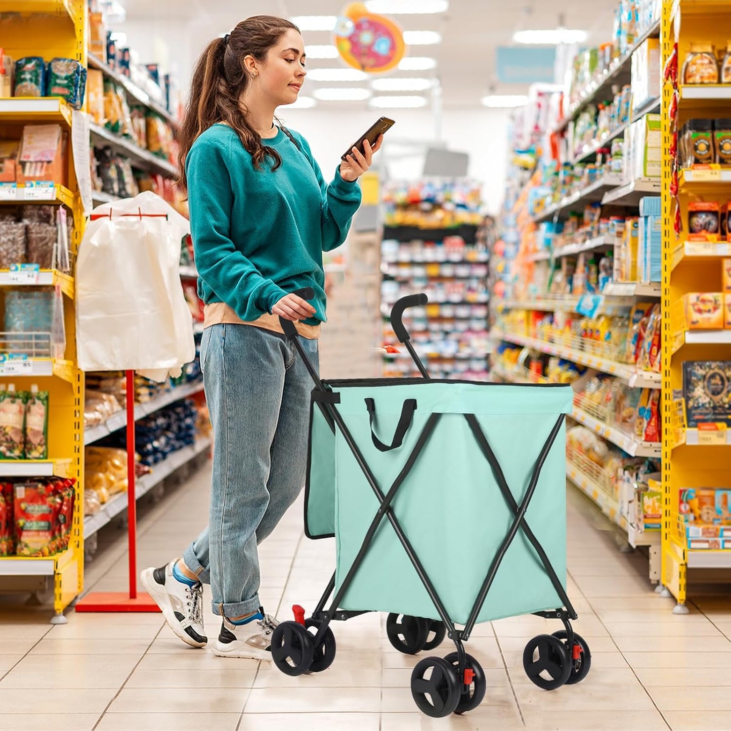 Folding Shopping Cart with Wheels, Rolling Foldable Grocery Cart for Seniors, Portable Collapsible Utility Cart for Shopping Groceries Laundry Stair Climbing Storage (Teal Blue)