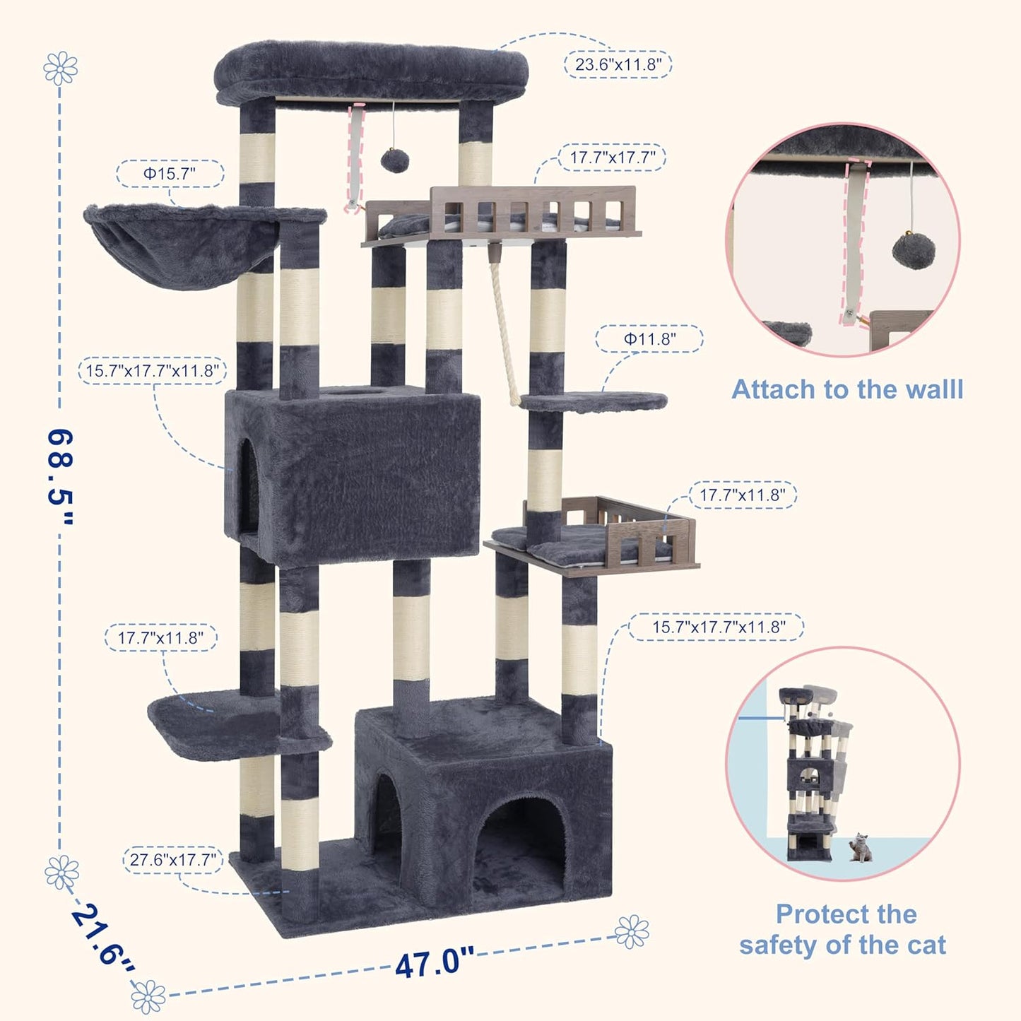 Maine Coon Cat Tree, Heavy Duty Cat Tree for Indoor Cats Large Adult, 