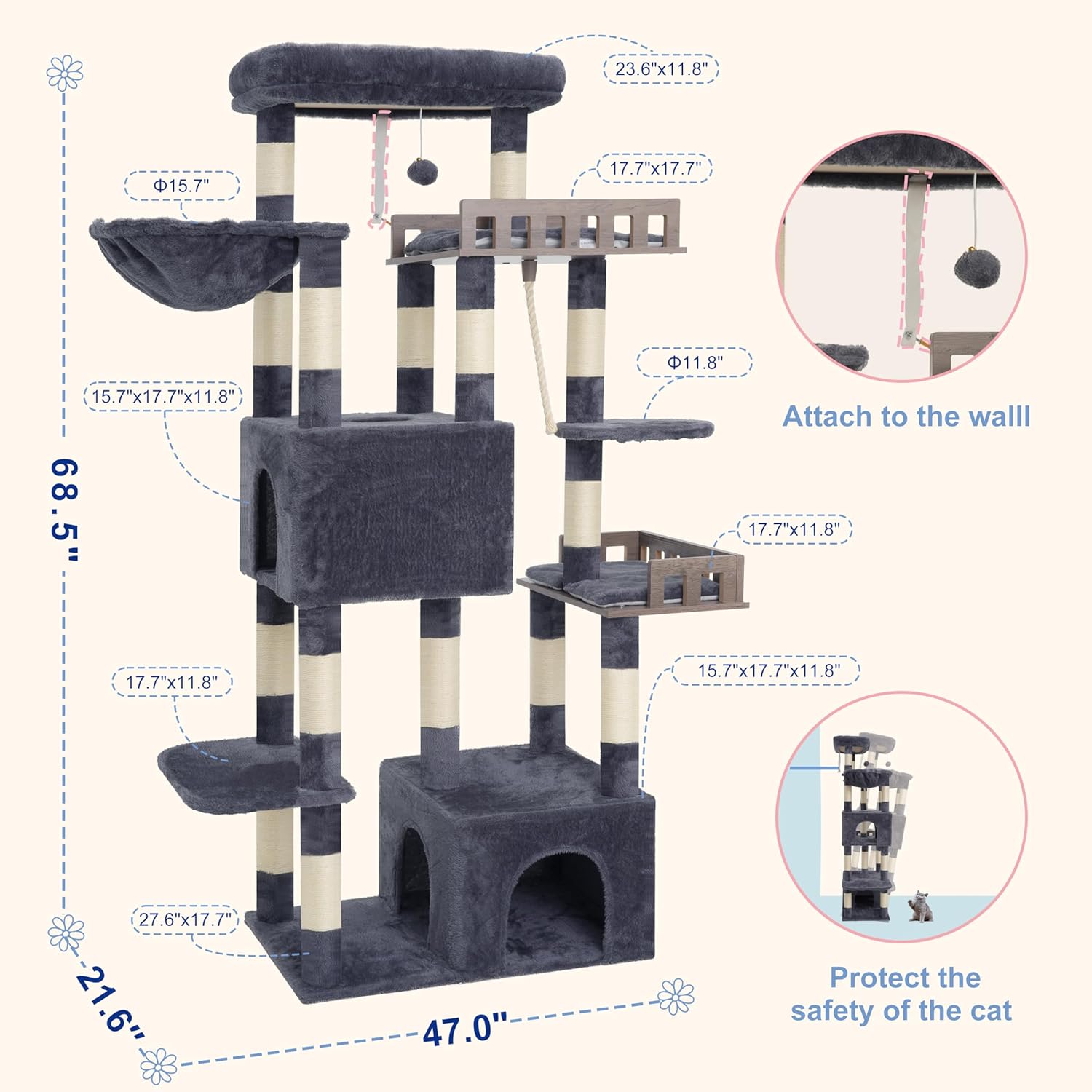 Maine Coon Cat Tree, Heavy Duty Cat Tree for Indoor Cats Large Adult, 