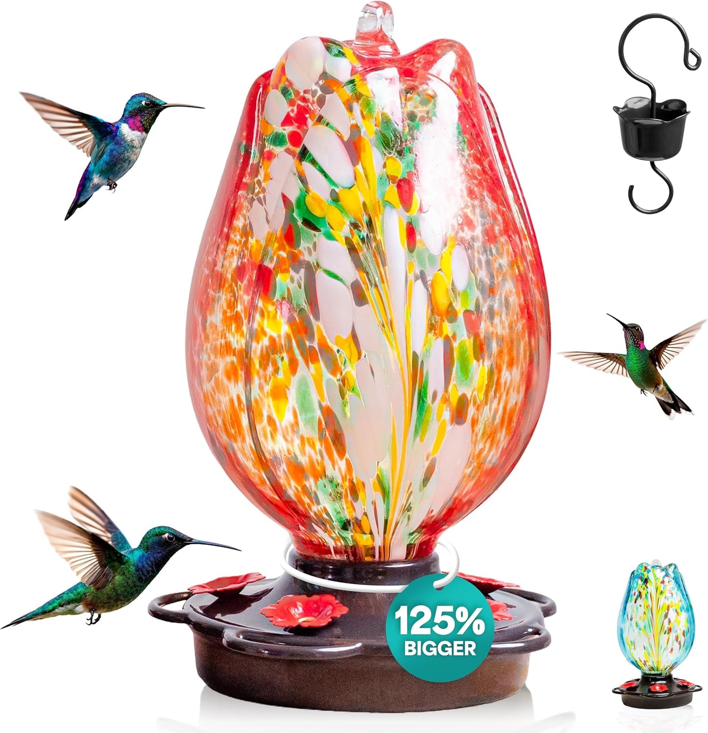 Tulip Shaped Glass Hummingbird Feeders for Outdoors - 36 Oz Hummingbir
