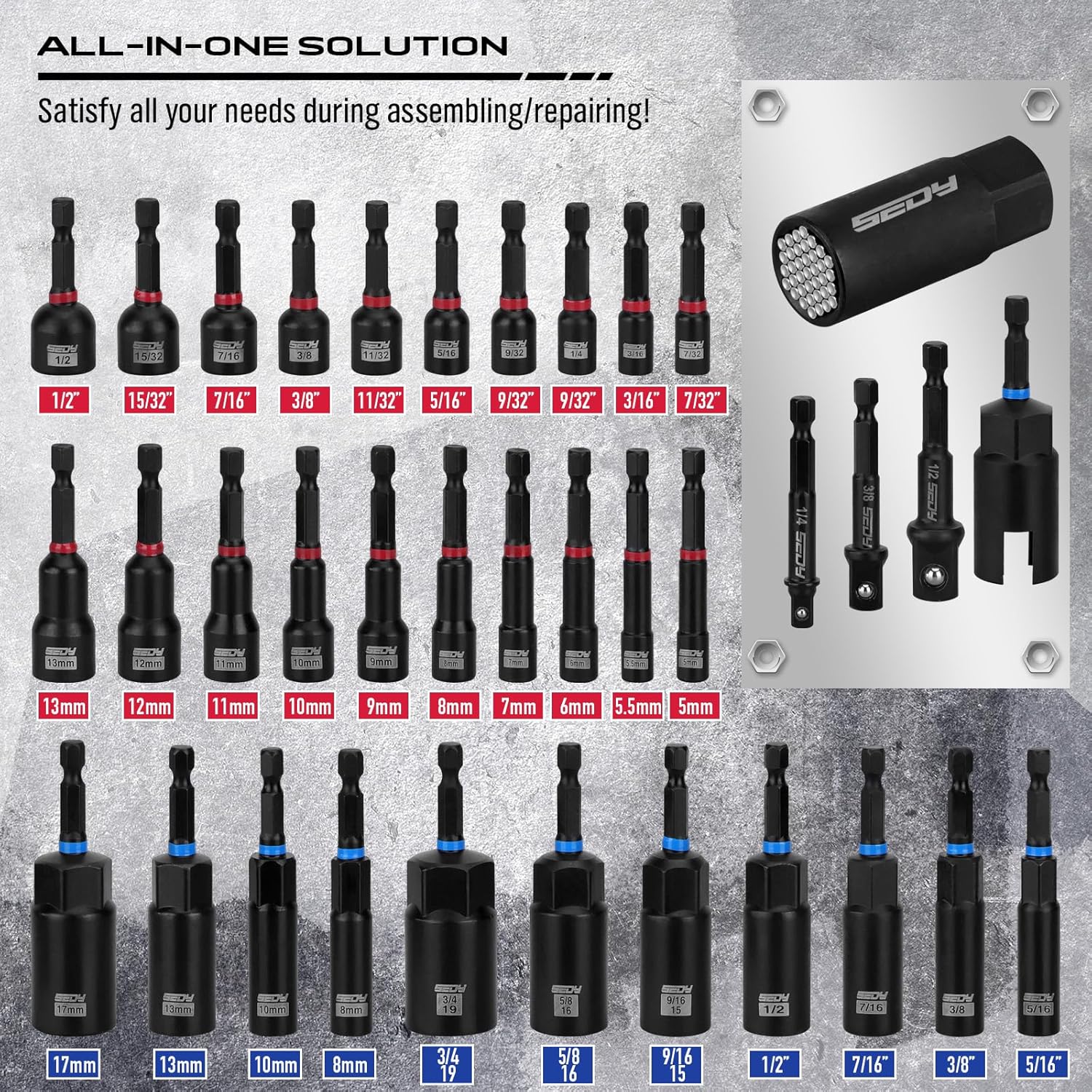 80-Piece Premium Magnetic Impact Nut Driver Set Metric & SAE with Sock
