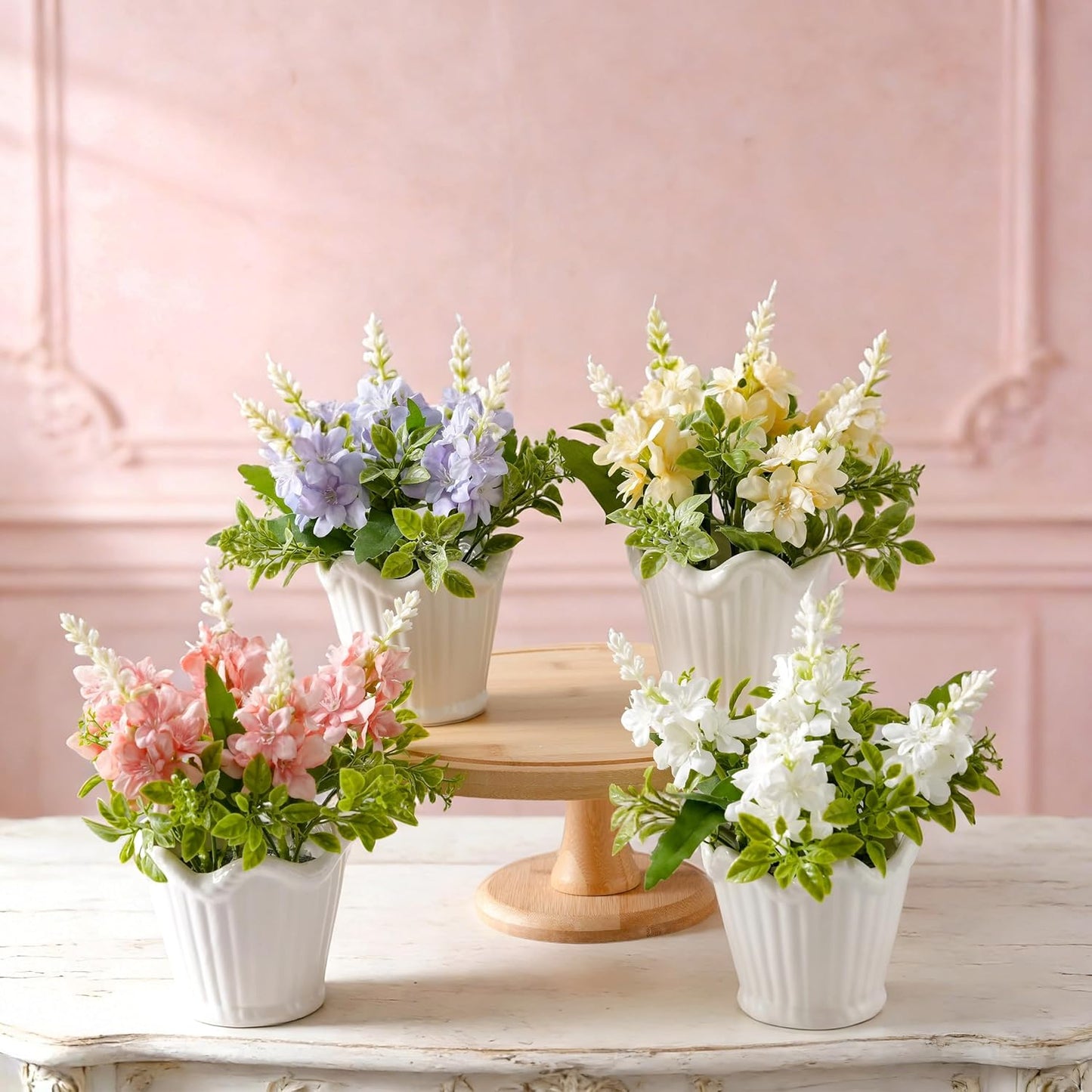 LUEUR 4PCS Artificial Spring Flower with Ceramic Pot, Spanish Dagger Plants Centerpiece Table Decorations – Faux Plants in Ceramic Planters for Dining Table, Coffee Table, Home, Office & Spring Decor