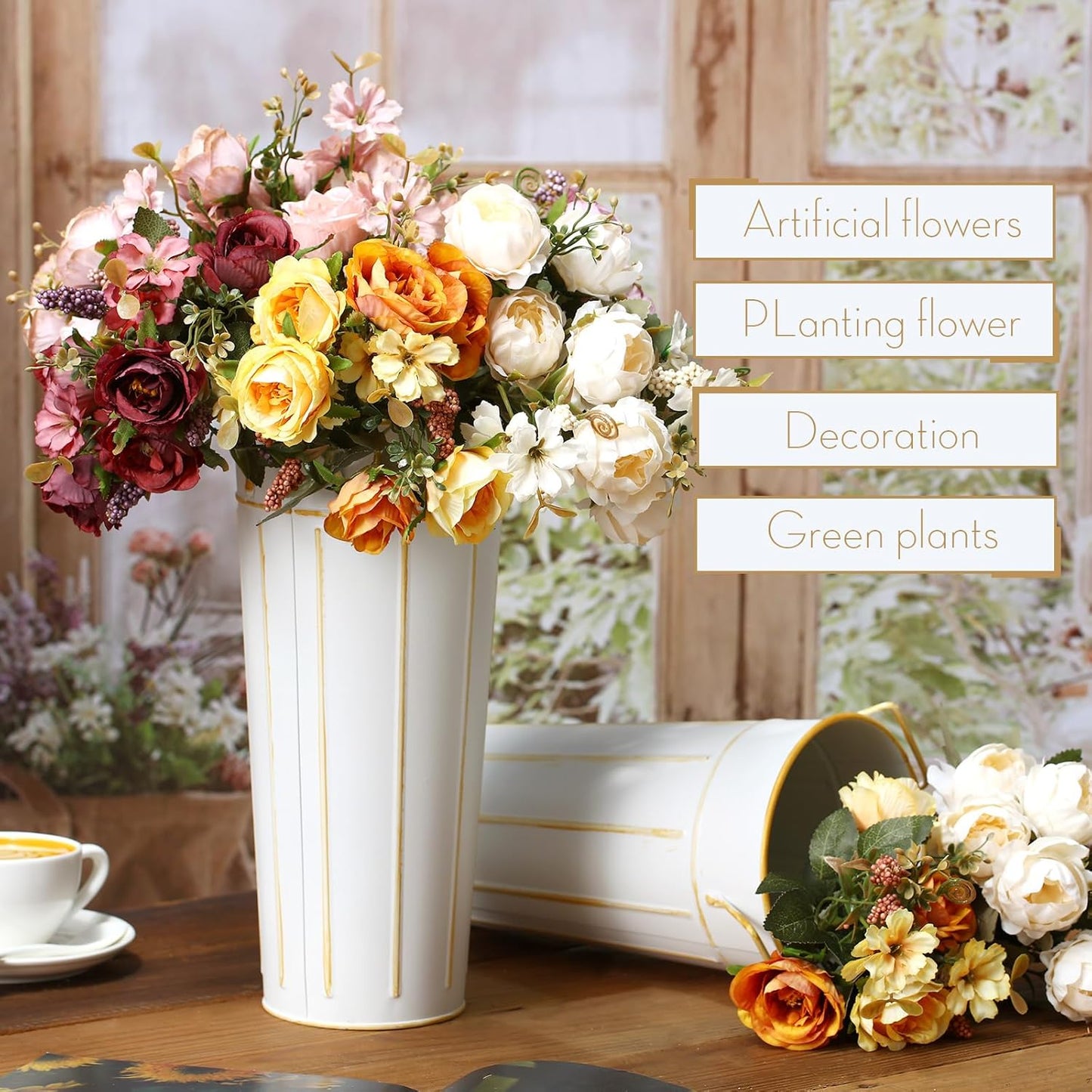 Domensi 6 Pcs 11.8'' Galvanized Metal Vase with Handle Rustic Galvanized Vase Planter Bucket for Fresh Flowers Dried Floral Decor Farmhouse Table Centerpiece Decoration for Wedding(White)
