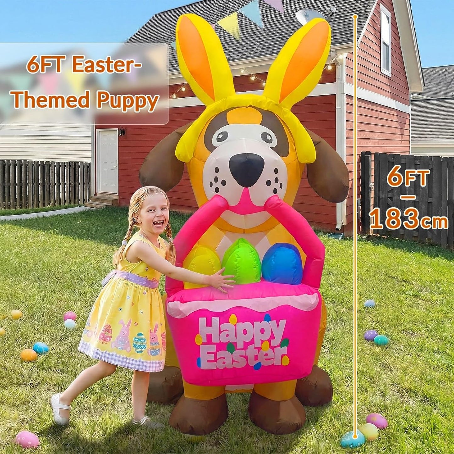 6 FT Easter Inflatables Dog Outdoor Decorations with Bunny Ears, Blow Up Easter Dog Holding Eggs Basket with Build-in LED Lights, Giant Spring Holiday Inflatable Yard Decor for Lawn Garden