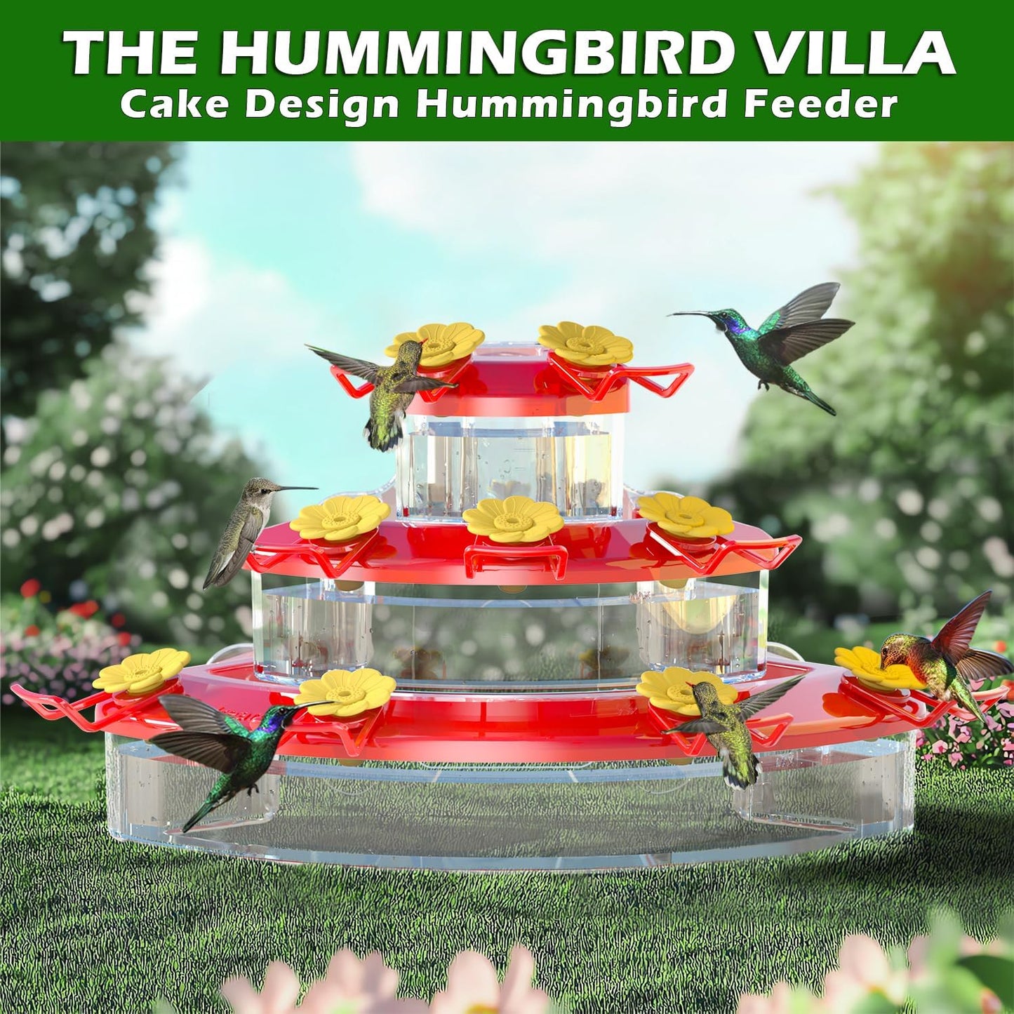 Birdream 2 Pack Window Hummingbird Feeders 18oz, 9 Feeding Ports & Brush Cake Design Hummingbird Feeder, Attracting Ruby Throated Anna Rufous - Red