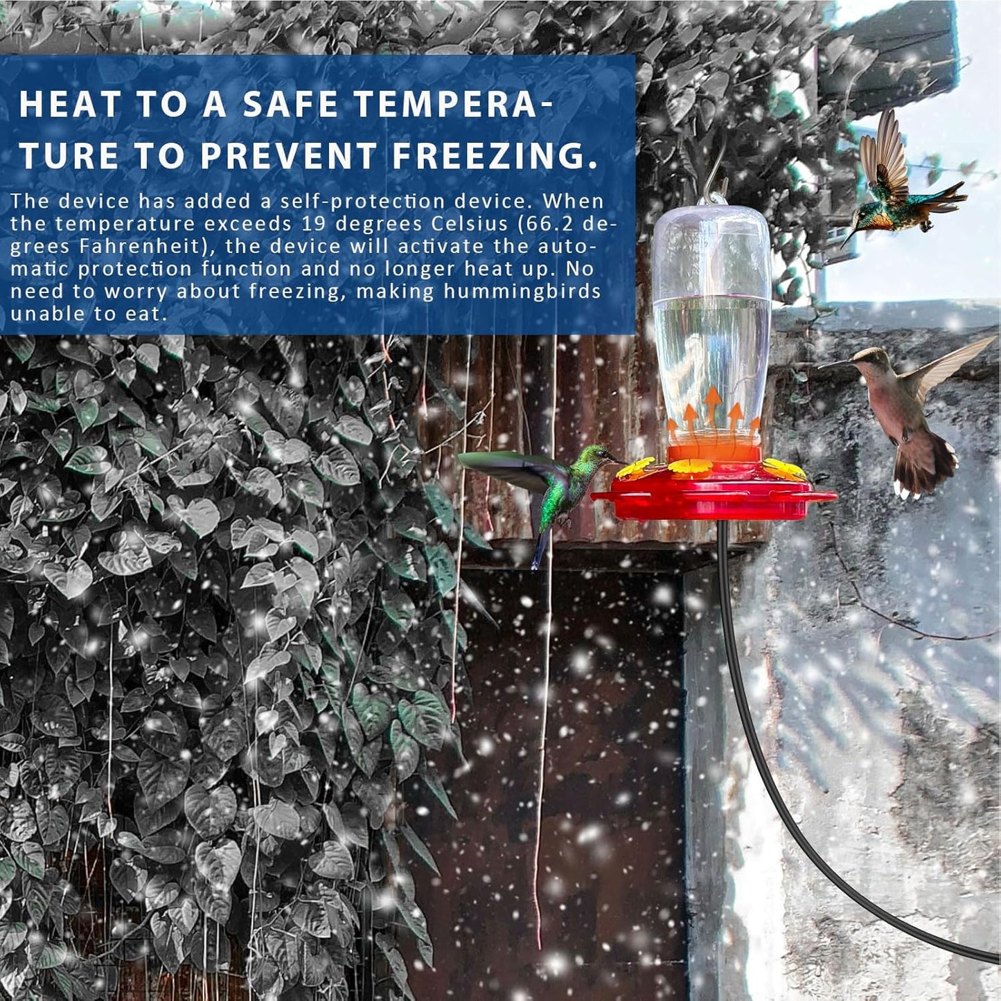 Heated Hummingbird Feeders for Outdoors, 15 Ounces Plastic Heated Hummingbird Feeder for Winter, 2-in-1 Outdoors Hanging & Window Suction Cup Design with 4 Feeding Ports (1 Pack)
