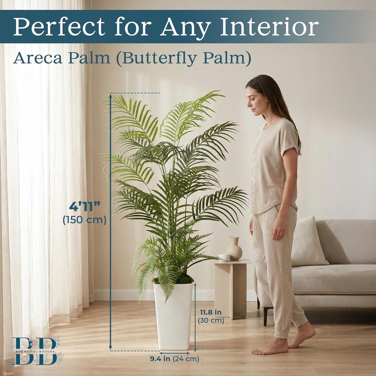 4’11” (150 cm) Areca Palm Artificial Tree with Tall White Pot, Grass & Moss – Lifelike Natural Look, Maintenance-Free Indoor & Outdoor Plant for Home, Office, Balcony & Patio