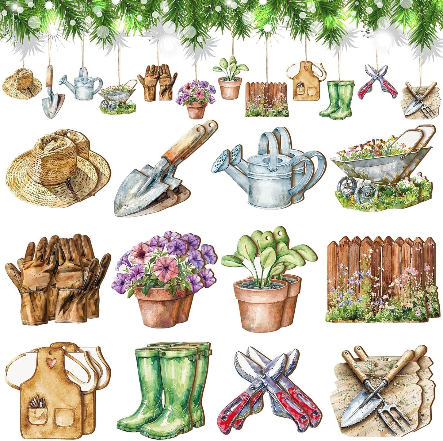 24 Pcs Christmas Garden Ornaments Garden Tool Shovel Trowel Wooden Ornaments for Gardening Lover Gifts Men Women Christmas Tree Decoration Holiday
