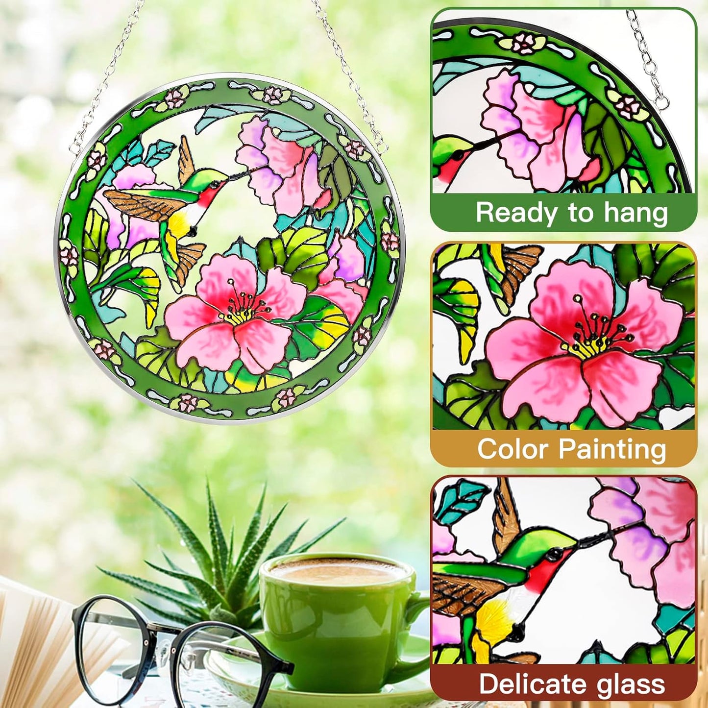 Hummingbird Sun Catcher - 100% Stained Glass Window Hanging, Indoor Window Decor, Suncatchers for Windows, Gifts for Women, Christmas (6.5 inch)