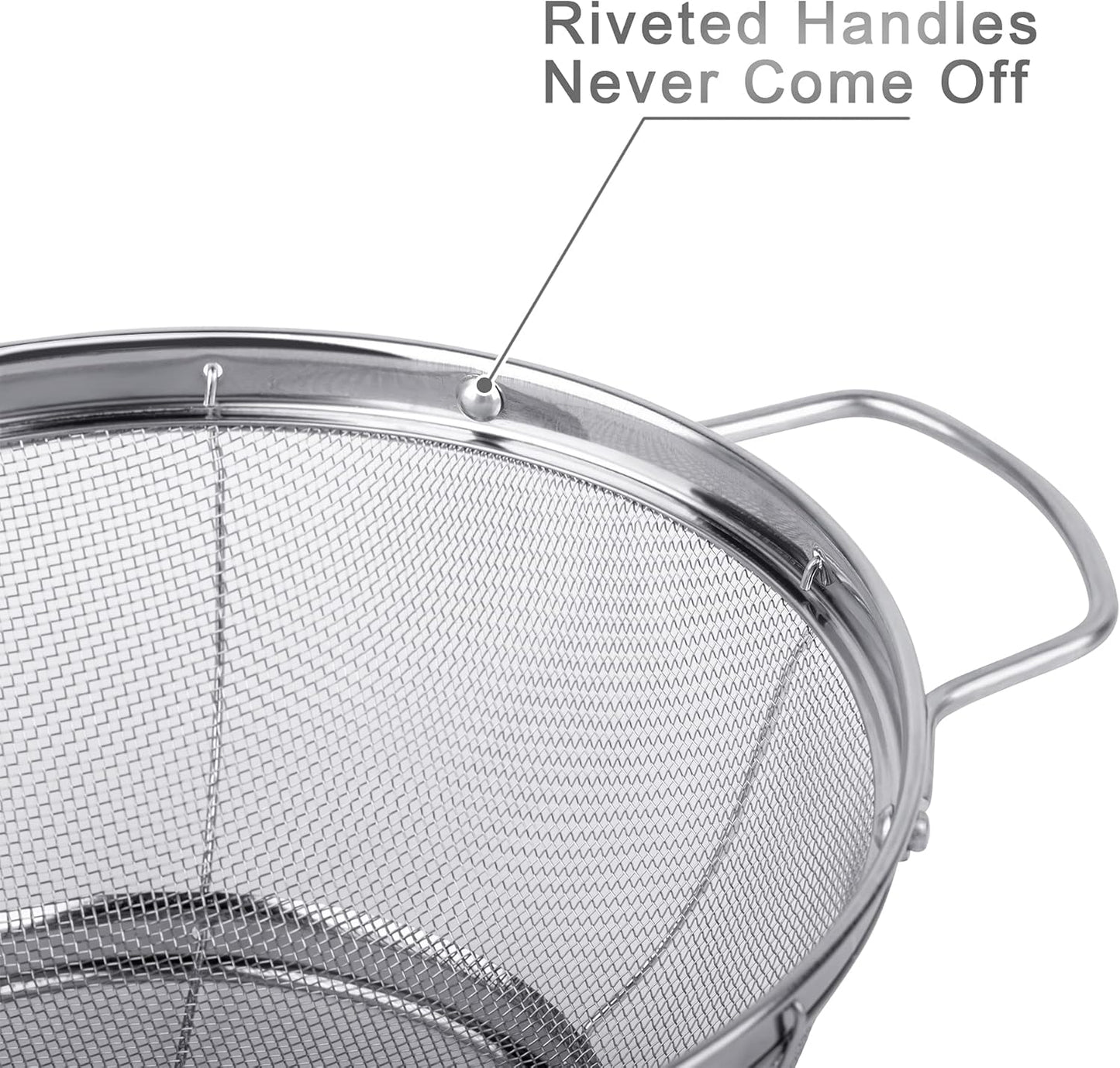 3 Pack 18/8 Stainless Steel Colander Sieves(5-Quart, 4-Quart and 3-Quart), Mesh Strainer Net Baskets with Handles & Resting Base for Strain, Drain, Rinse or Steam