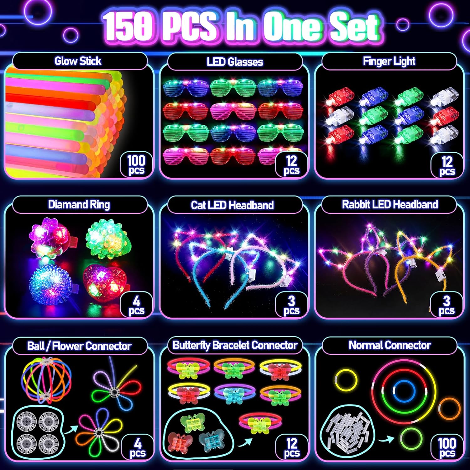 150PCS Glow in the Dark Party Supplies for Kids Adults, Light Up Party