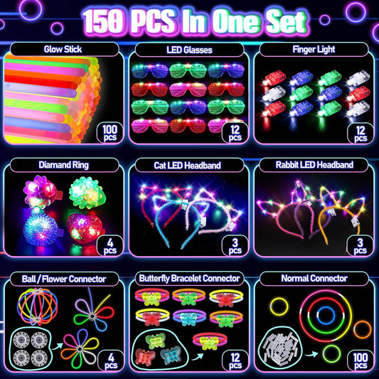 150PCS Glow in the Dark Party Supplies for Kids Adults, Light Up Party
