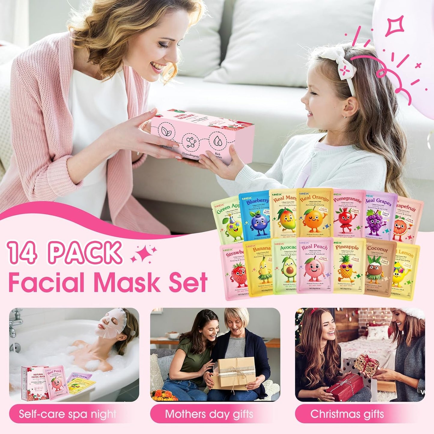 14 Pack Fruit Face Masks Skincare for Kids, Sheet Hydrating Facial Mas