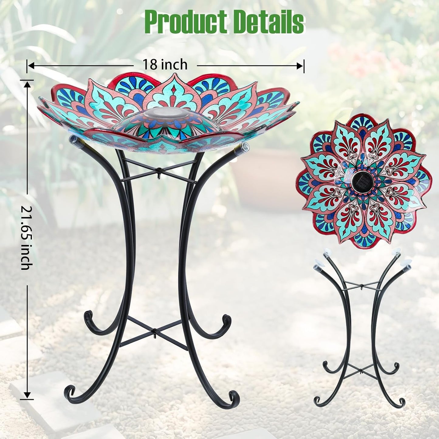 DREAM GARDEN Bird Bath for Outside, Glass Solar Birdbath with Foldable Metal Stand for Garden Yard Patio Lawn Decor, 21 Inch Height