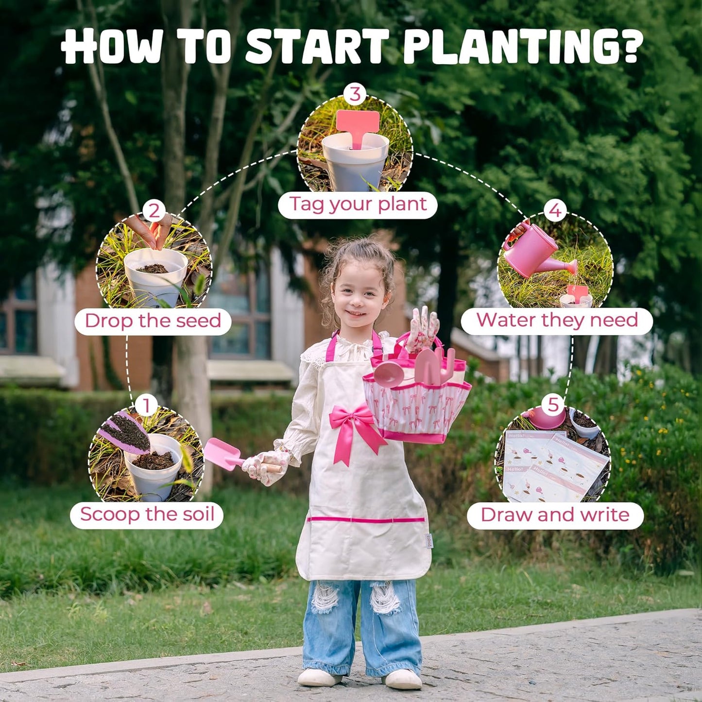 ROBUD Kids Gardening Set 18 PCS Bow Theme Garden Tools for Kids with S