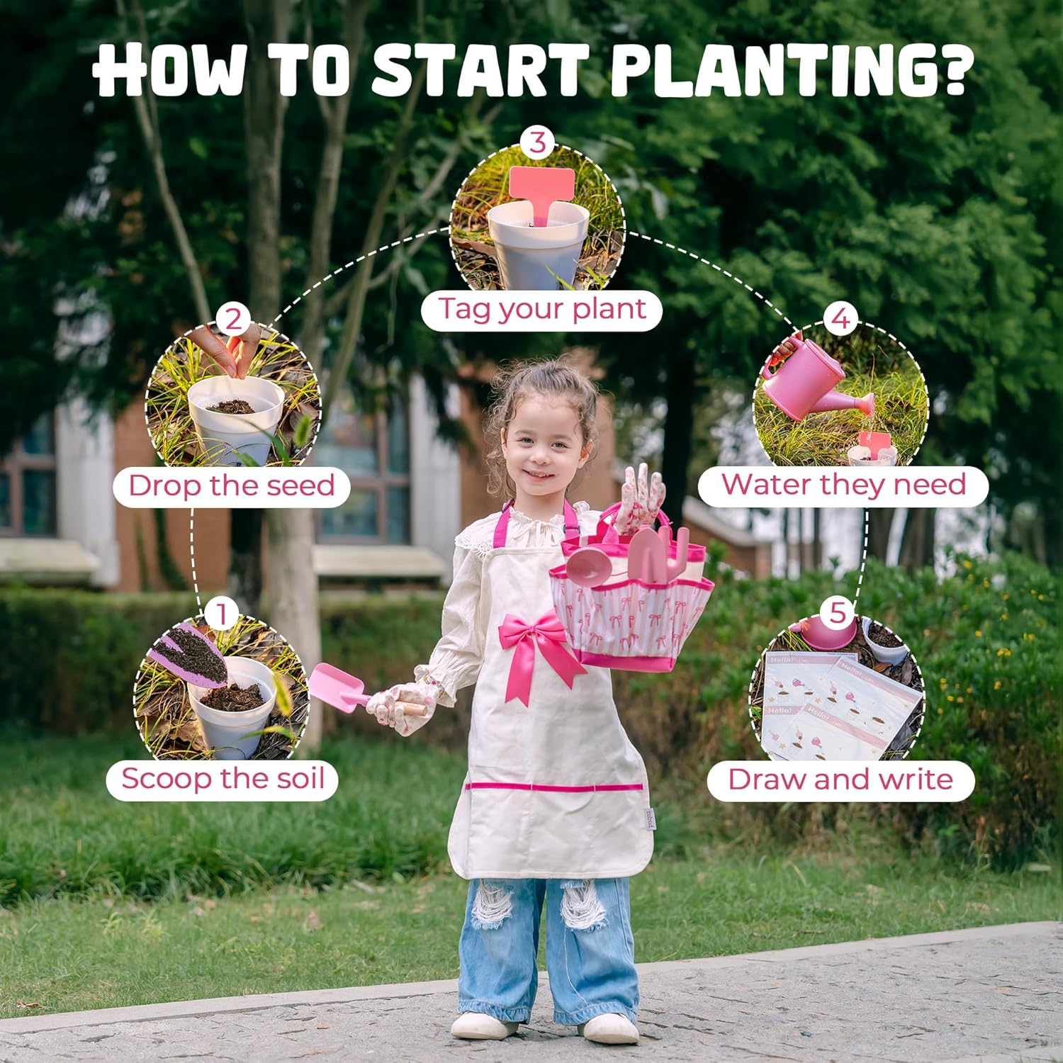 ROBUD Kids Gardening Set 18 PCS Bow Theme Garden Tools for Kids with S