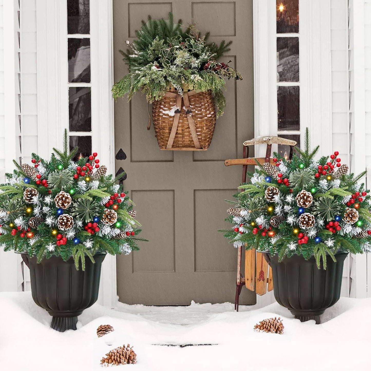 Waipfaru 2 Pack Prelit Planter Bushes, Outdoor Christmas Urn Filler with Lights, 22 Inch Artificial Christmas Tree for Front Porch, Pot, Holiday Planter Filler Outdoor