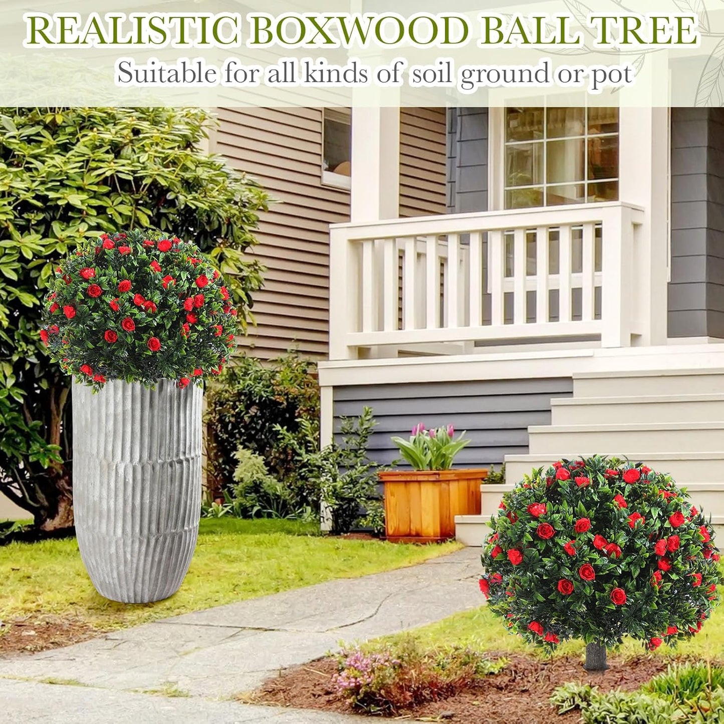 Yunlly 4 Pack Artificial Boxwood Topiary Ball Tree with Faux Rose Bush 18 Inch Outdoor Faux Topiary Shrub with Ground Spike, UV Resistance Fake Plant for Garden Porch Patio Indoor (Red)