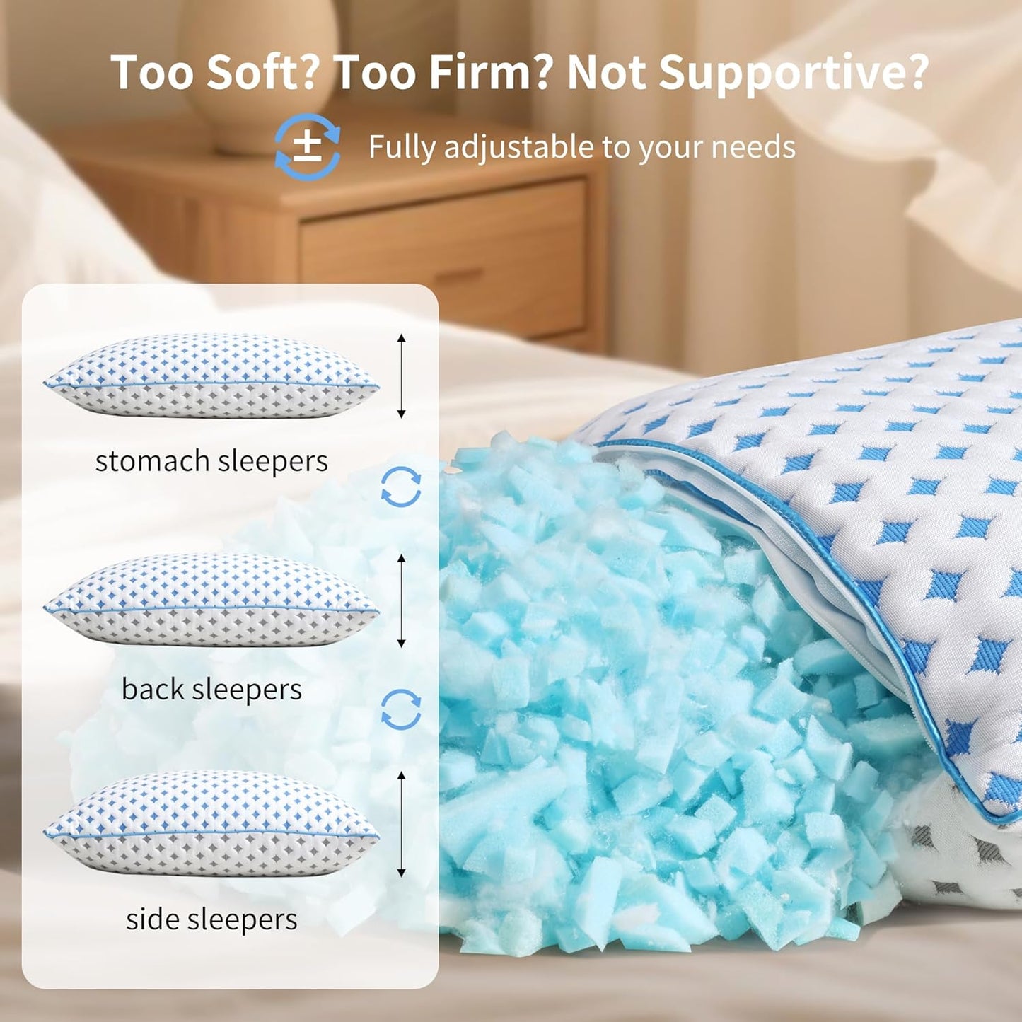 Memory Foam Pillows 2 Pack – Adjustable Loft Cooling Pillows King Size Set of 2 for Sleeping, Firm, Supportive, and Breathable Design for Hot, Side, Back, and Stomach Sleepers