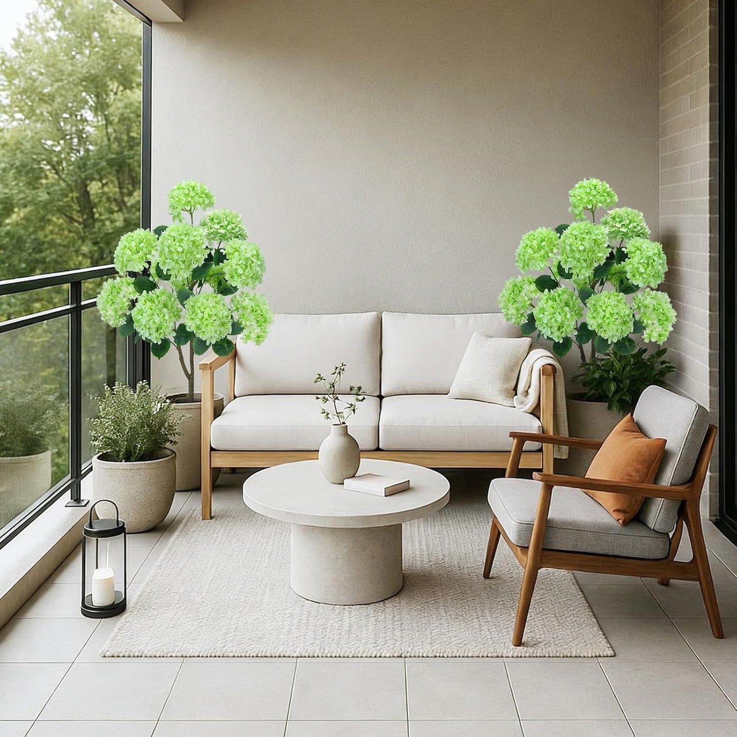 GTIDEA Faux Hydrangea Tree, 47.2 Inch Hydrangea Tree Artificial with Green Flowers, UV Resistant Outdoor Hydrangea Artificial Plants in White Pot for Indoor Outdoor Home Porch Decor (2 Pack)