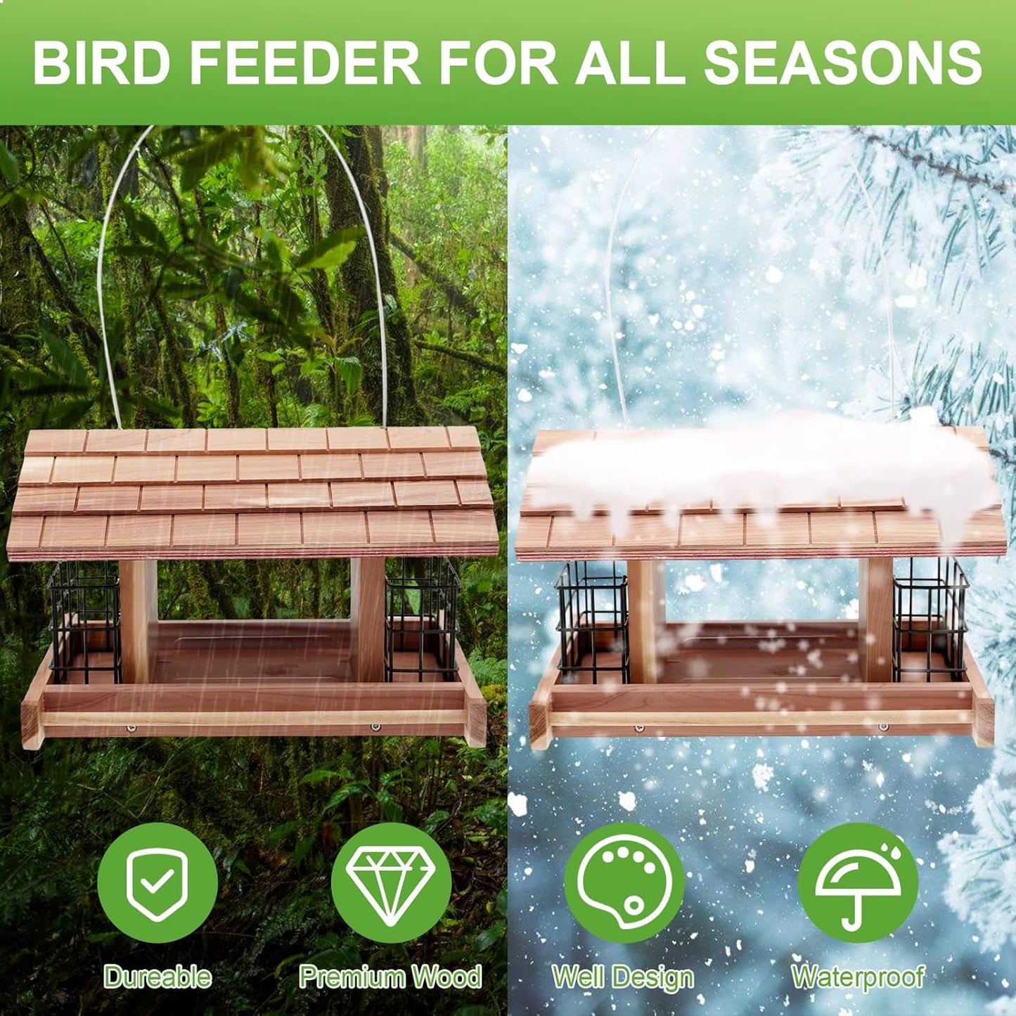 Wooden Bird Feeder for Outdoors Hanging Mount Large Capacity, Red Cedar Garden Roof Feeder with 2 Suet Cages, Cardinal Bluebird Birdfeeder for Garden Decoration Yard, Weatherproof Durable