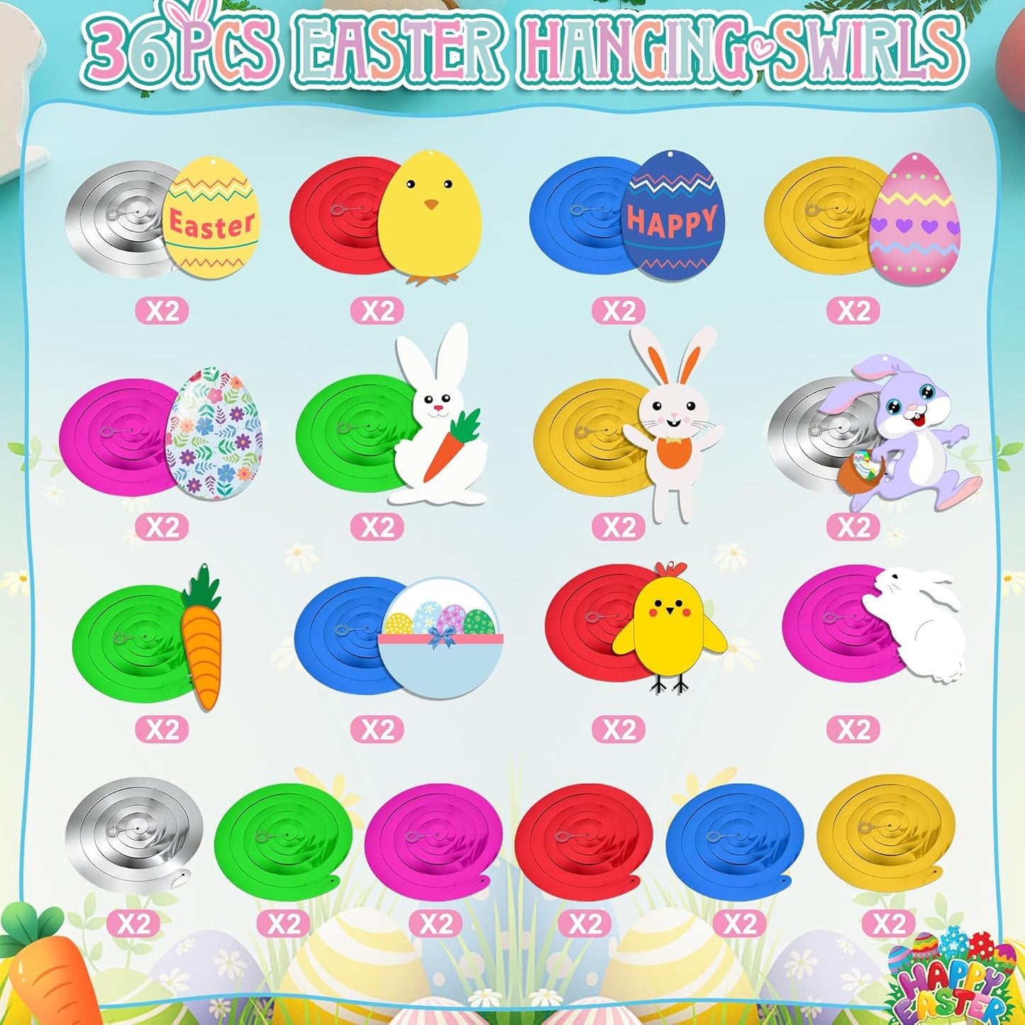 Easter Hanging Swirl Decorations - Pack of 36 | Easter Decorations Egg Bunny Hanging Swirl Foil Decoration for Home Office Party Supplies
