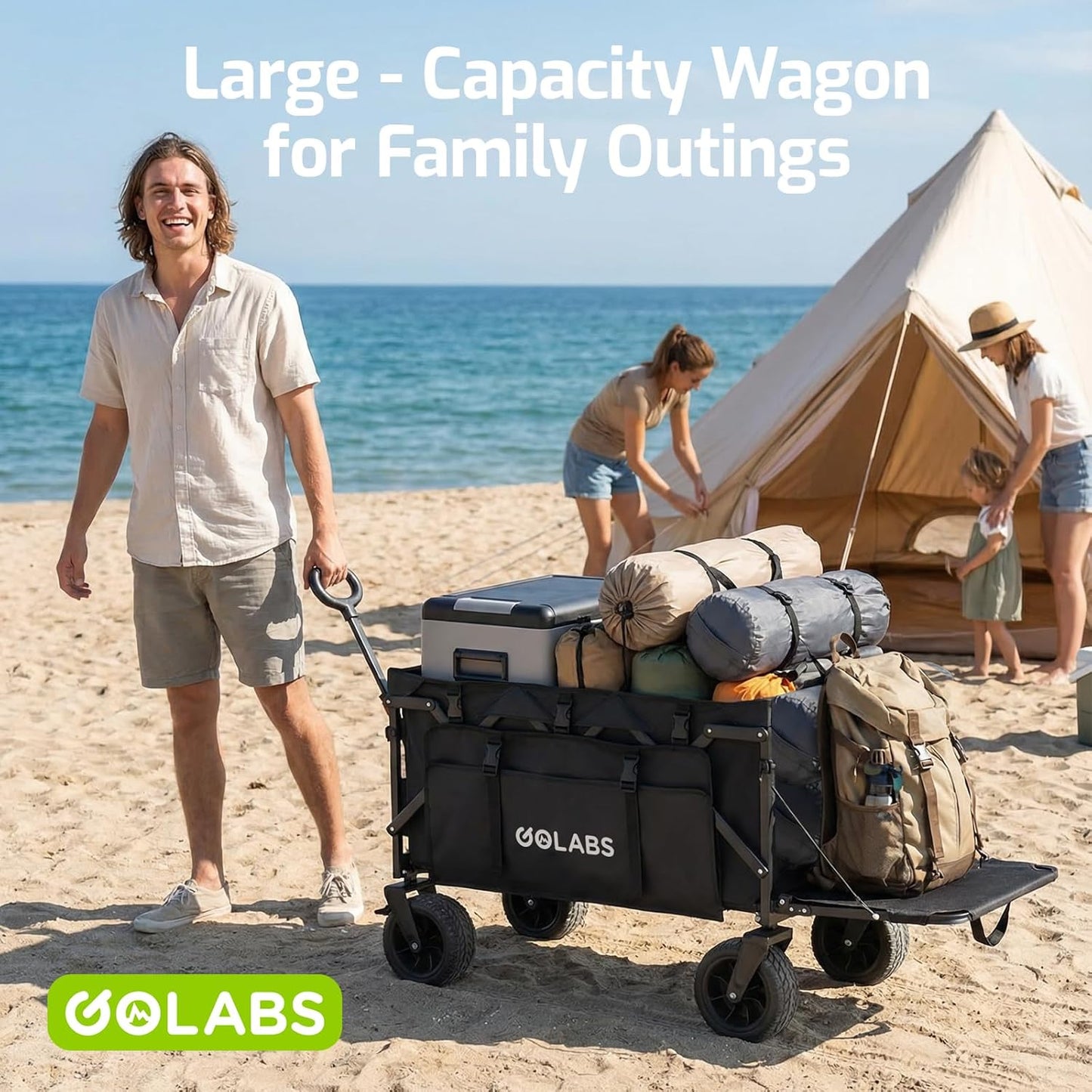 Golabs WA2 Wagon Cart Max 440lbs Load & Expandable Storage 205L, Heavy Duty Beach Wagon w/ 7×4" Big All-Terrain Wheel, 3S Quick Fold &Flexible Steering Design,2 Side Strap Design for Garden & Camping