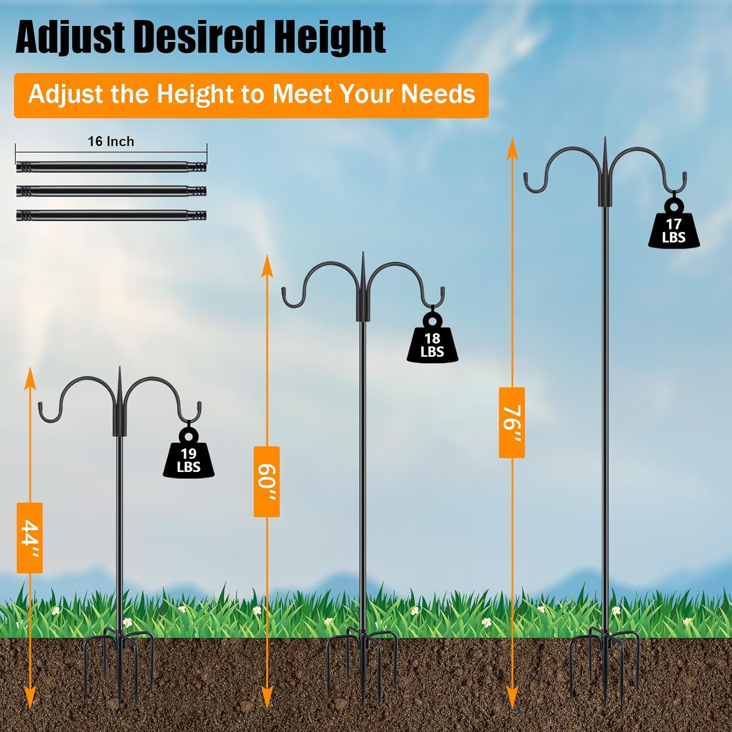 FEED GARDEN Adjustable Double Shepherds Hook for Outdoor with 5 Prong 