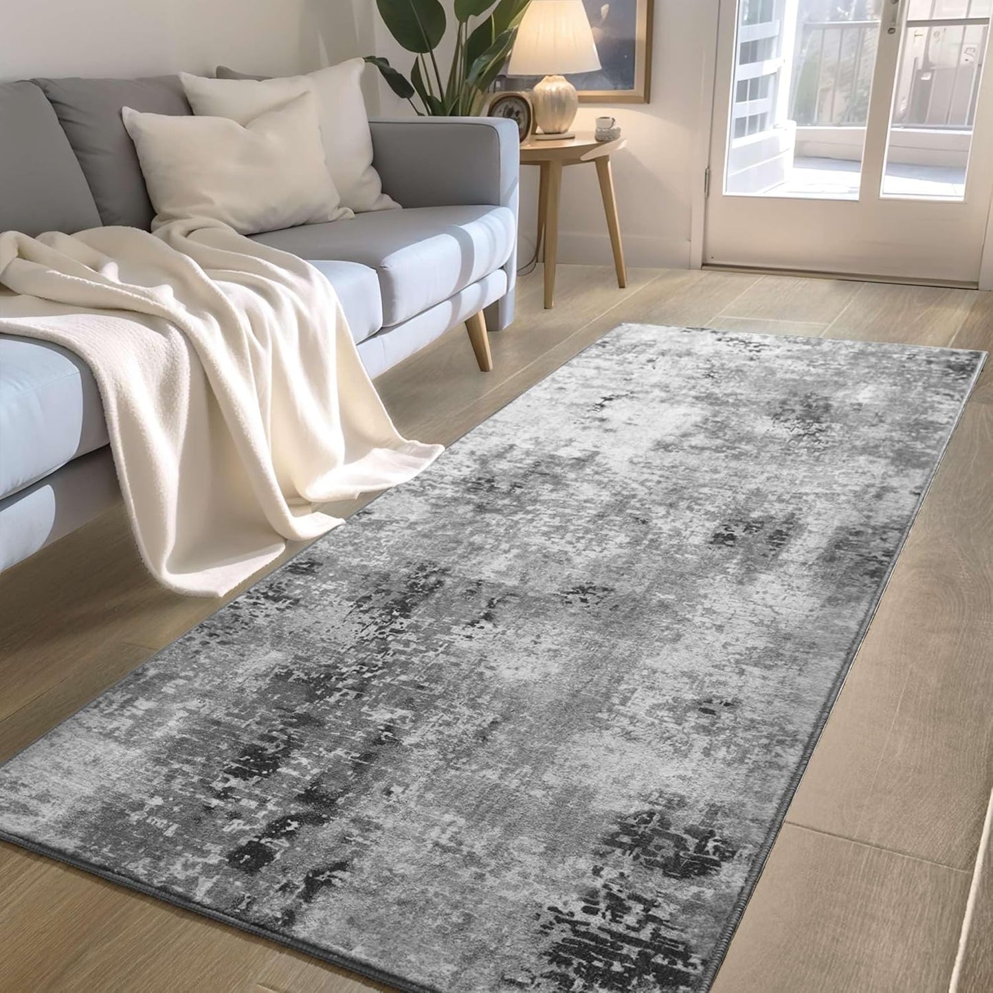 Ompaa Non Slip, Washable, Soft Abstract Long Carpet Runner Rug with Rubber Backing for Hallways, Kitchen, Bedroom, Bathroom, Entryway, Grey, 2x6 ft