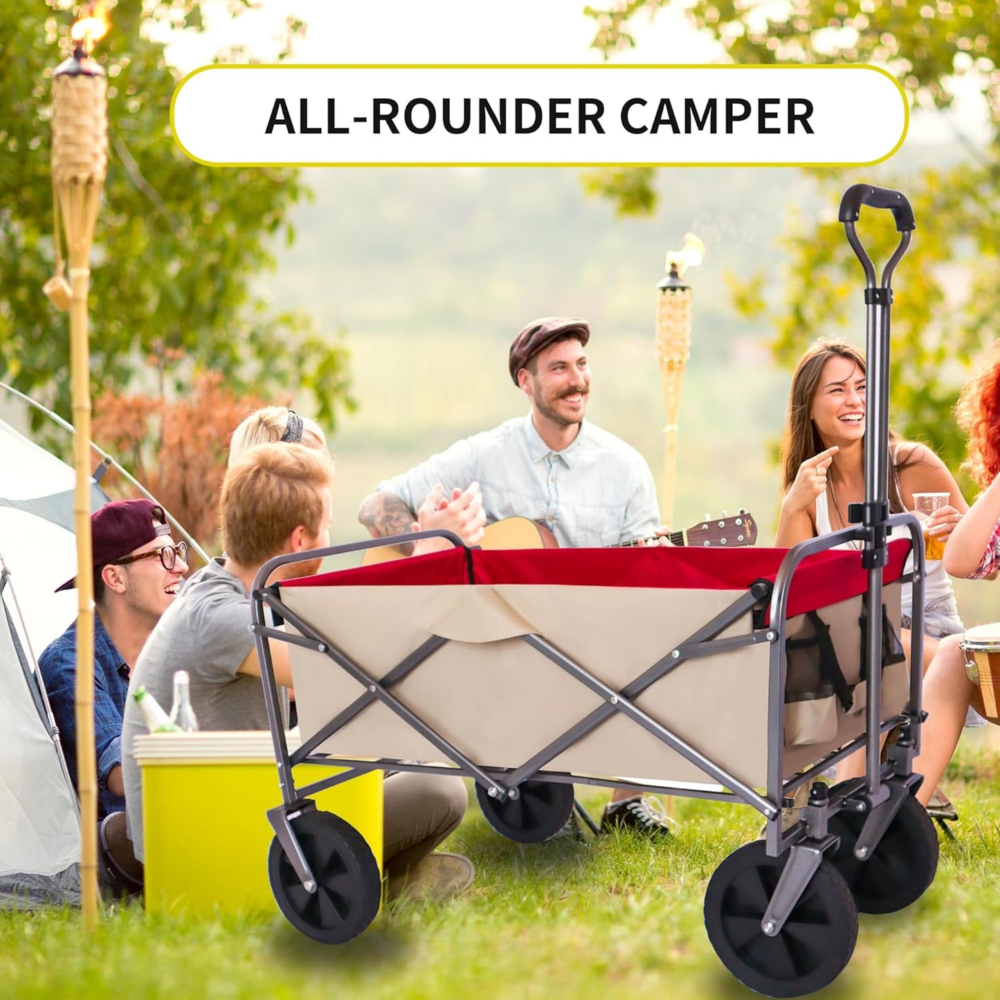 Folding Wagon Cart Beach Wagon Utility Wagon Cart Outdoor Heavy Duty Garden Portable Hand Cart with All-Terrain Wheels & Adjustable Handle (White+Red)