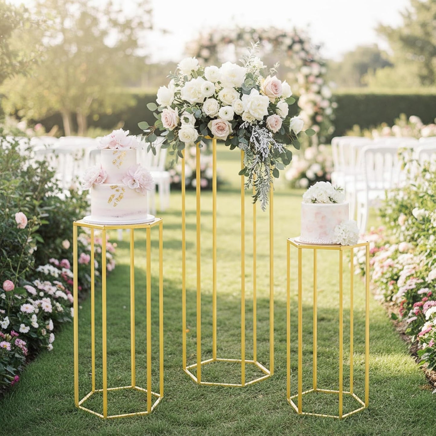Set of 3 Metal Cylinder Stands for Party Centerpieces, Hexagon Nesting Pedestal Stands, Gold Cake Flower Plant Display Stands, Tall Columnar Vases for Birthday Party Event Home Wedding Decor (Gold)