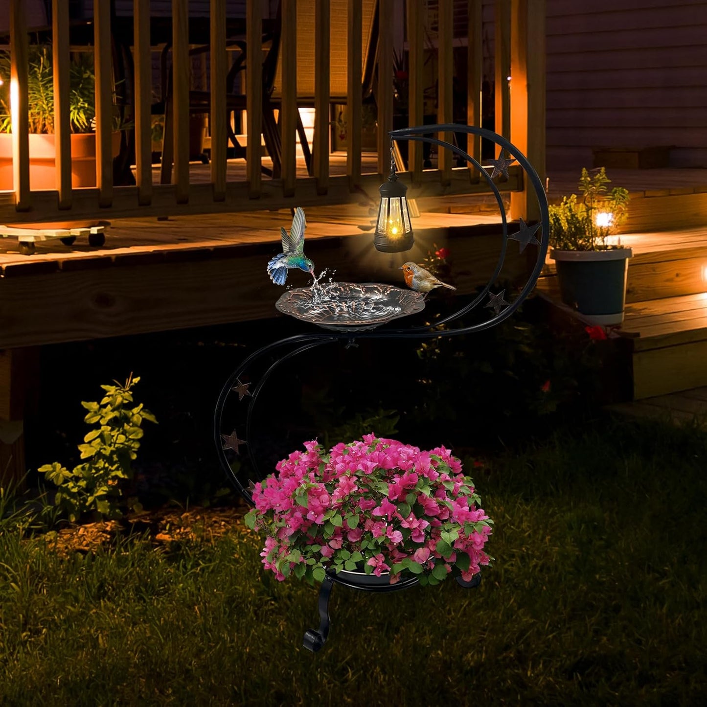 Solar Bird Bath for Outside, Vintage Metal Bath Bowl Standing Birdbath