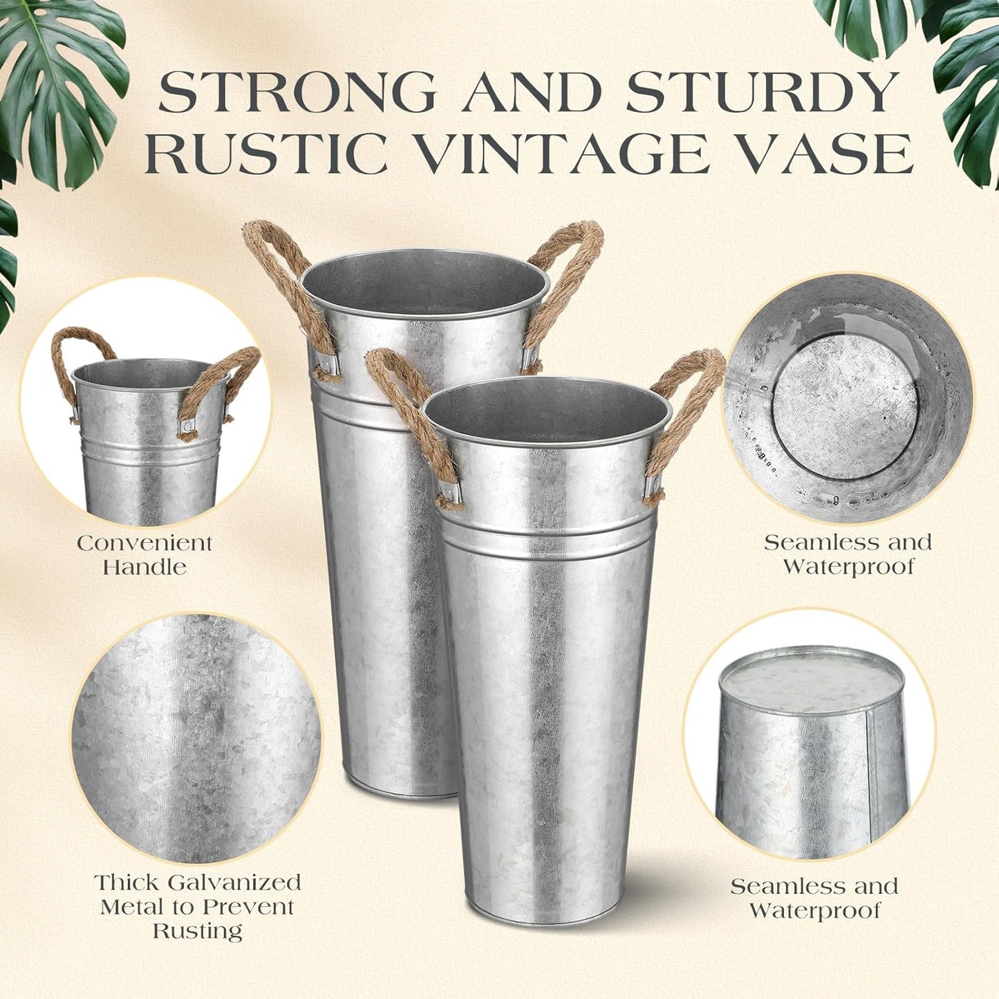 Bokon 32 Pack 9 Inch Flower Bucket Bulk, Galvanized Metal Vases, Rustic Vintage Flower Vases with Handles, Tall Farmhouse Planter Pails Buckets for Wedding Centerpieces, Party Decoration, DIY Craft