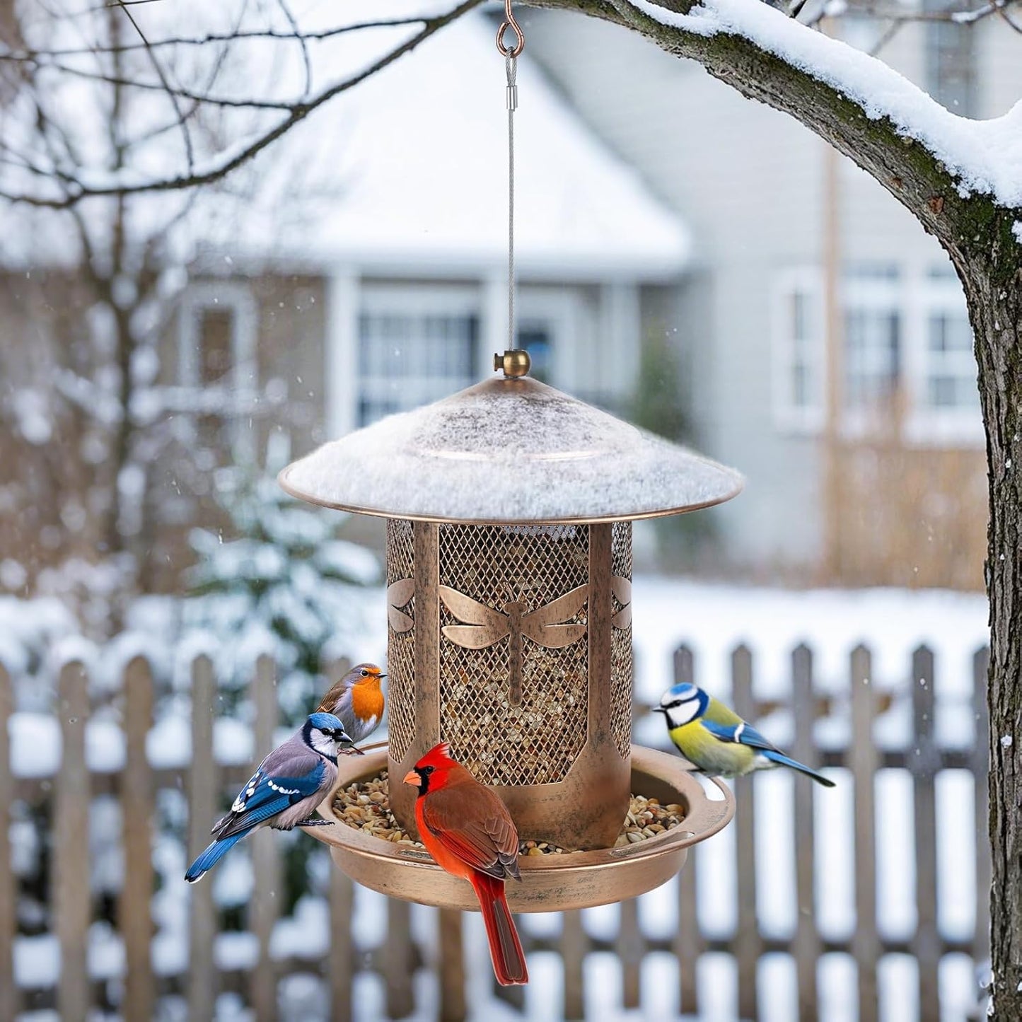 Bird Feeder, Metal Wild Bird Feeders for Outdoors Hanging, Beautiful Birdfeeders for Outside Garden Patio Decors - Dragonfly Pattern