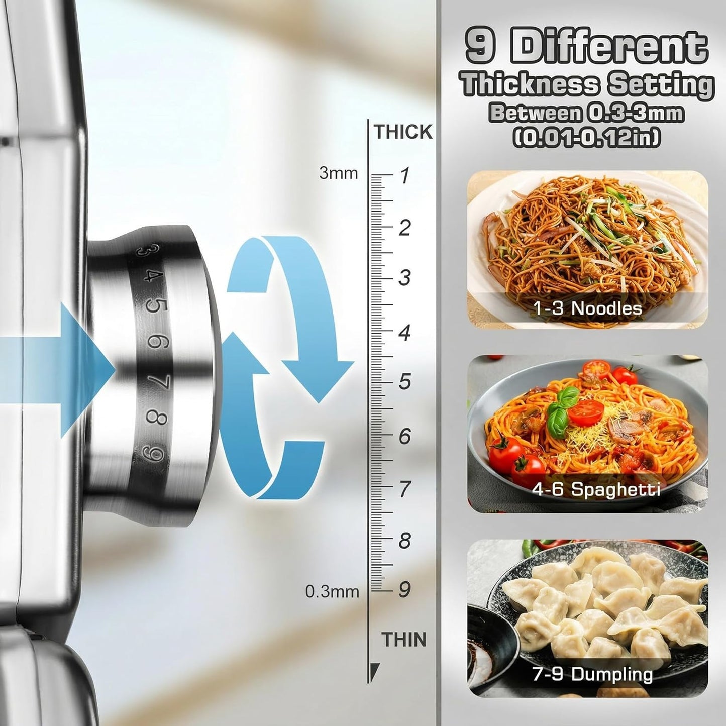 Sailnovo Pasta Maker Machine, 180 Roller Pasta Maker, 9 Adjustable Thickness Settings 2-in-1 Noodles Maker with Rollers and Cutter, Perfect for Spaghetti, Fettuccini, Lasagna or Dumpling Skin Silver